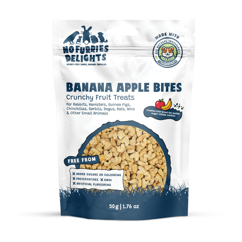 No Furries Delights bocaditos de banana y manzana para roedores, premiar con sabor.