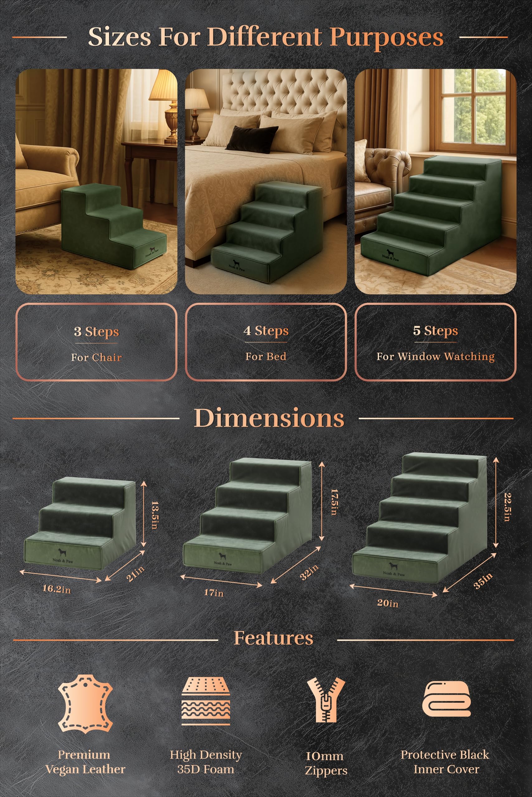 Noah & Paw escalera de 3-4-5 peldaños, ideal para distintos muebles.