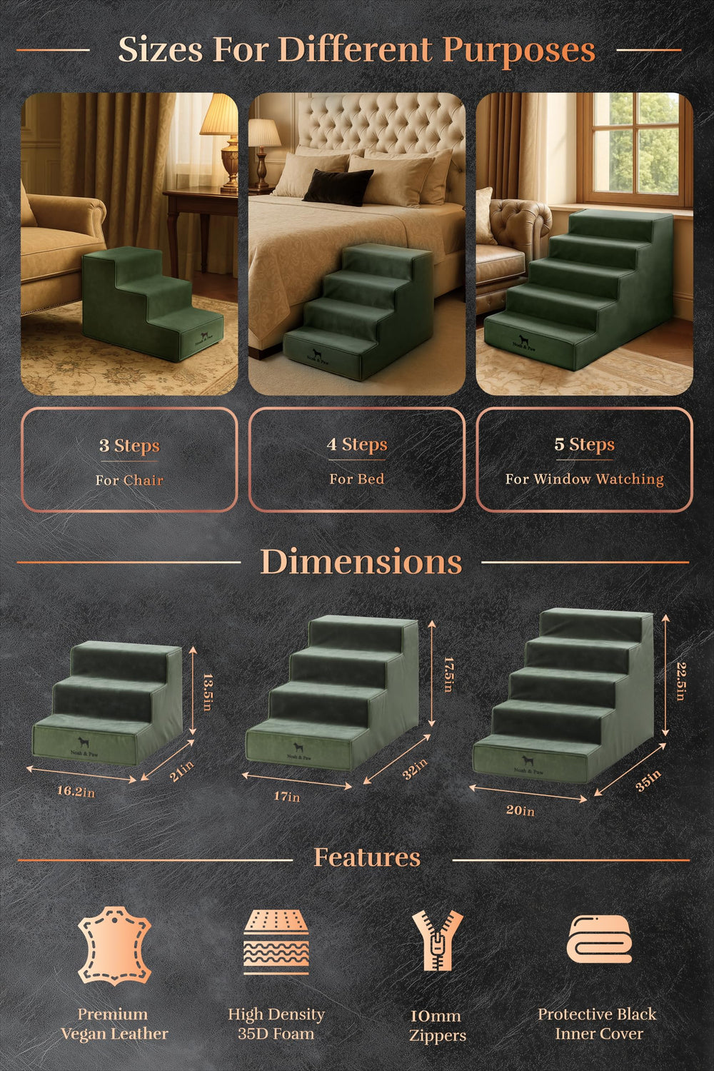 Noah & Paw escalera de 3-4-5 peldaños, ideal para distintos muebles.