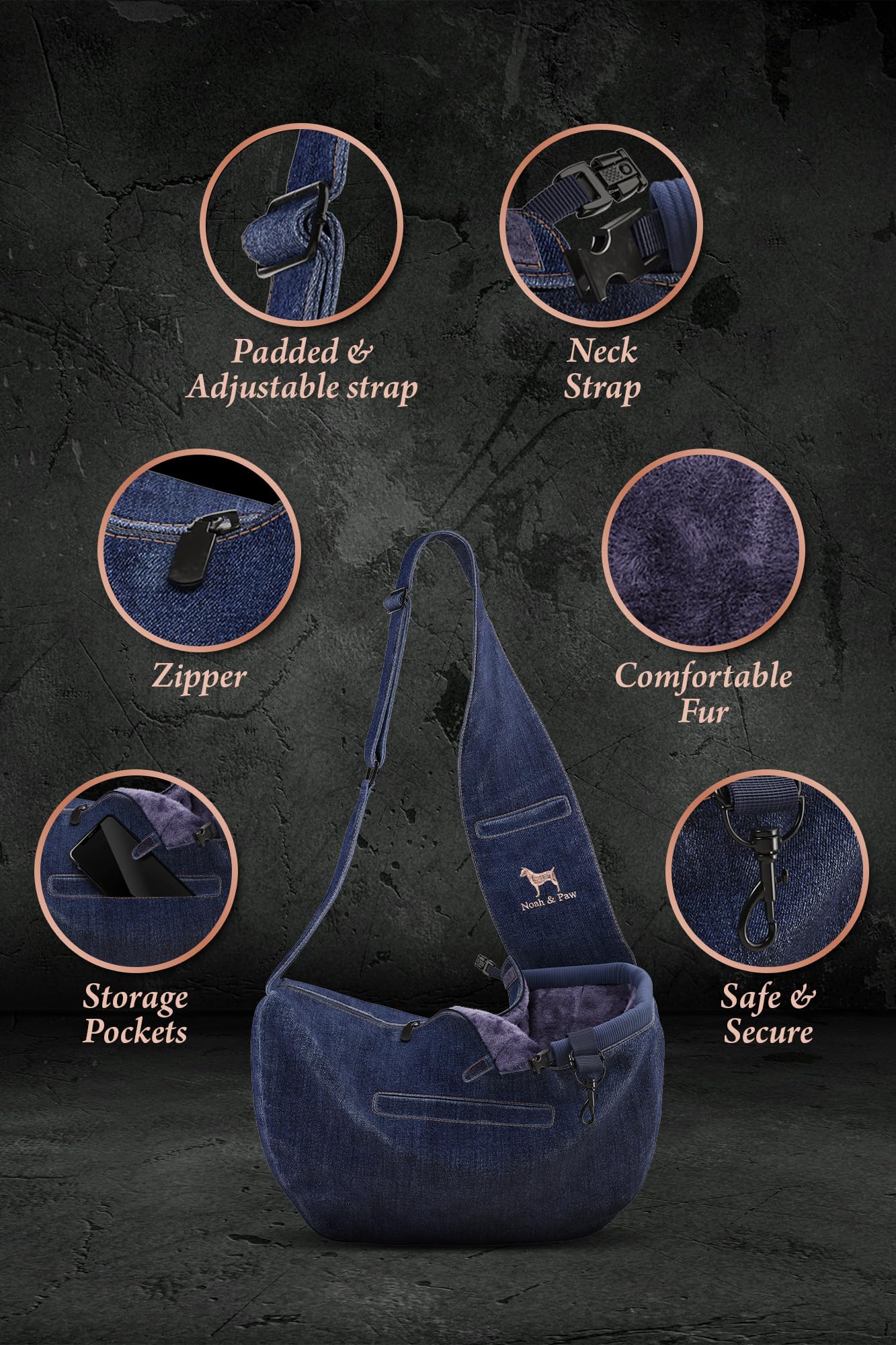 Noah & Paw sling con denim vegano y forro de felpa suave.