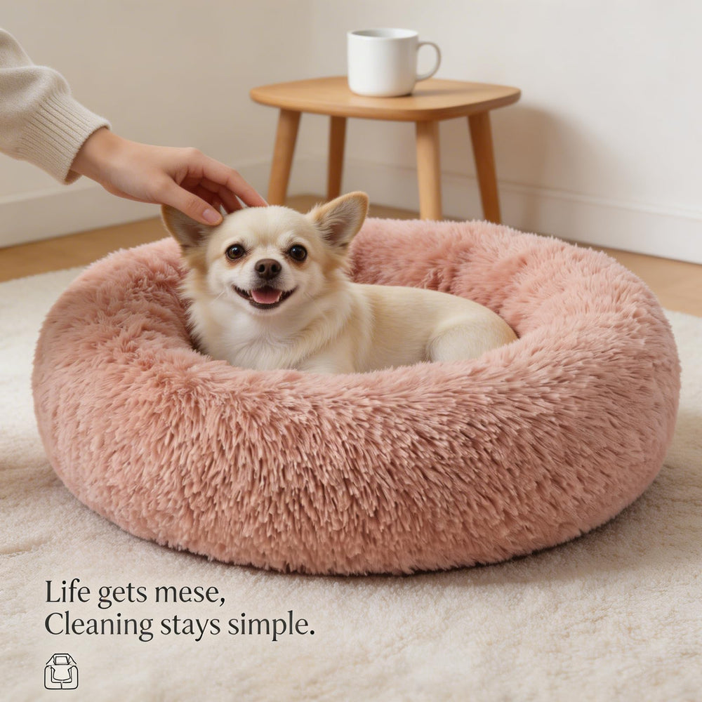Cama donut nononfish rosa aportando calidez al interior