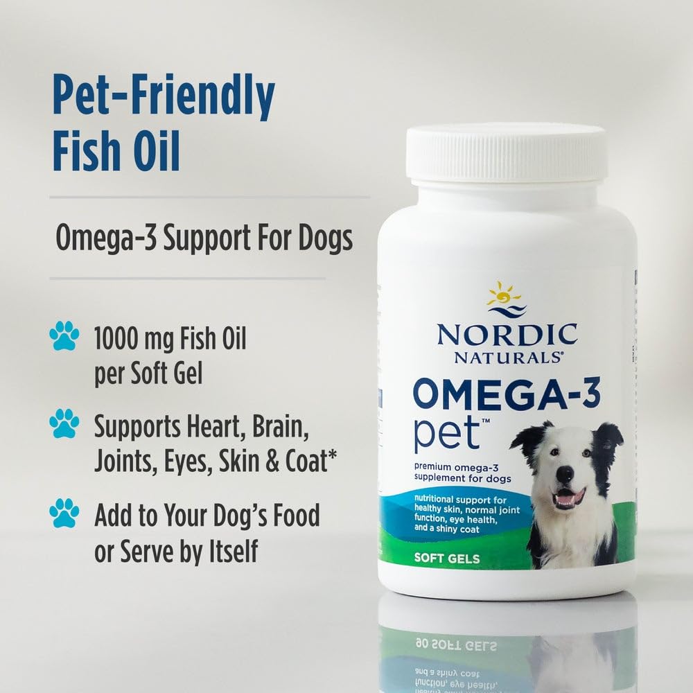 Nordic Naturals Omega-3 Pet, dosis diaria en cápsulas para perros, uso práctico.