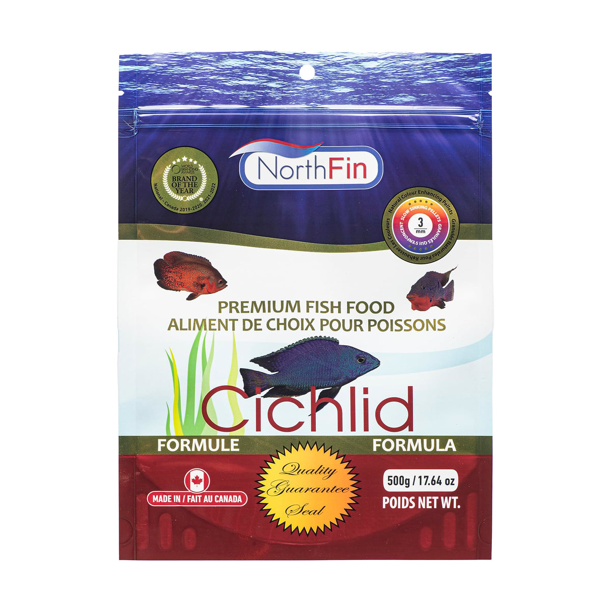 Northfin, envase visible, dieta balanceada para cíclidos que potencia color y salud.