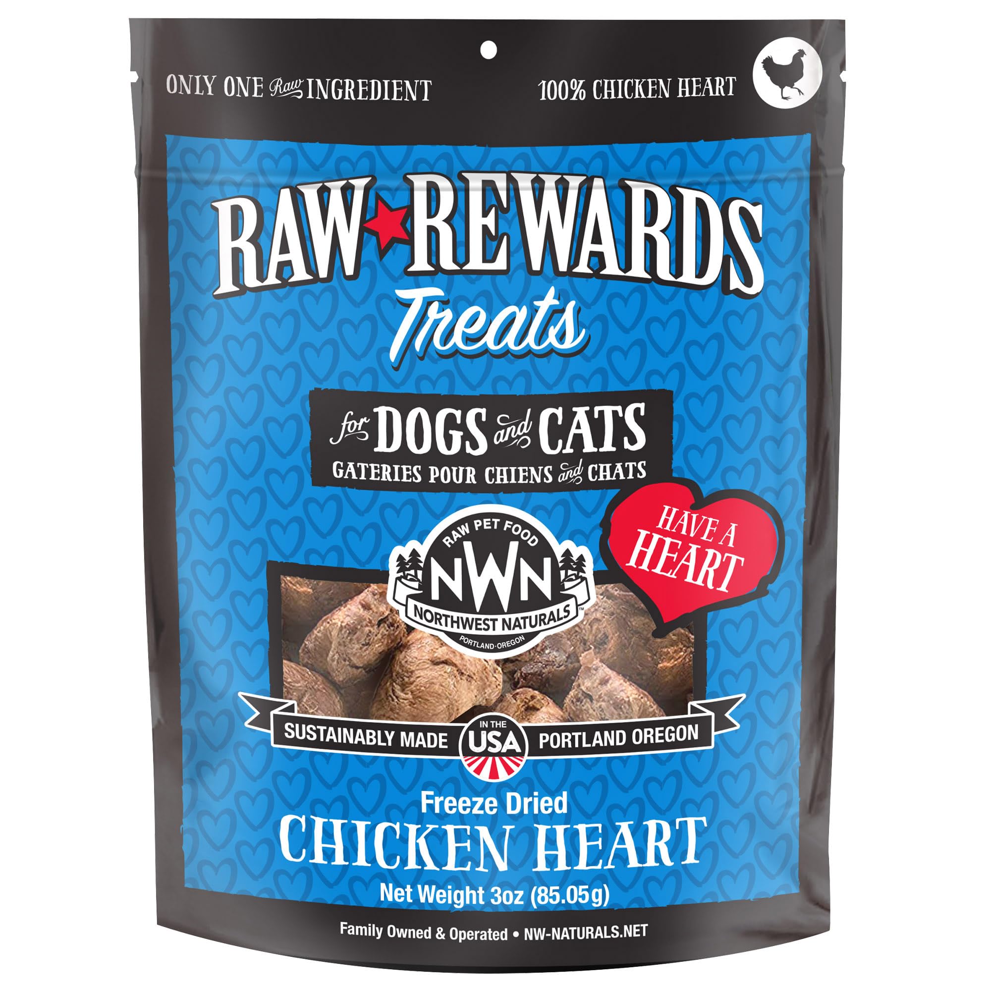 Northwest Naturals corazon-pollo liofilizado trozos para perros y gatos, sabor natural.