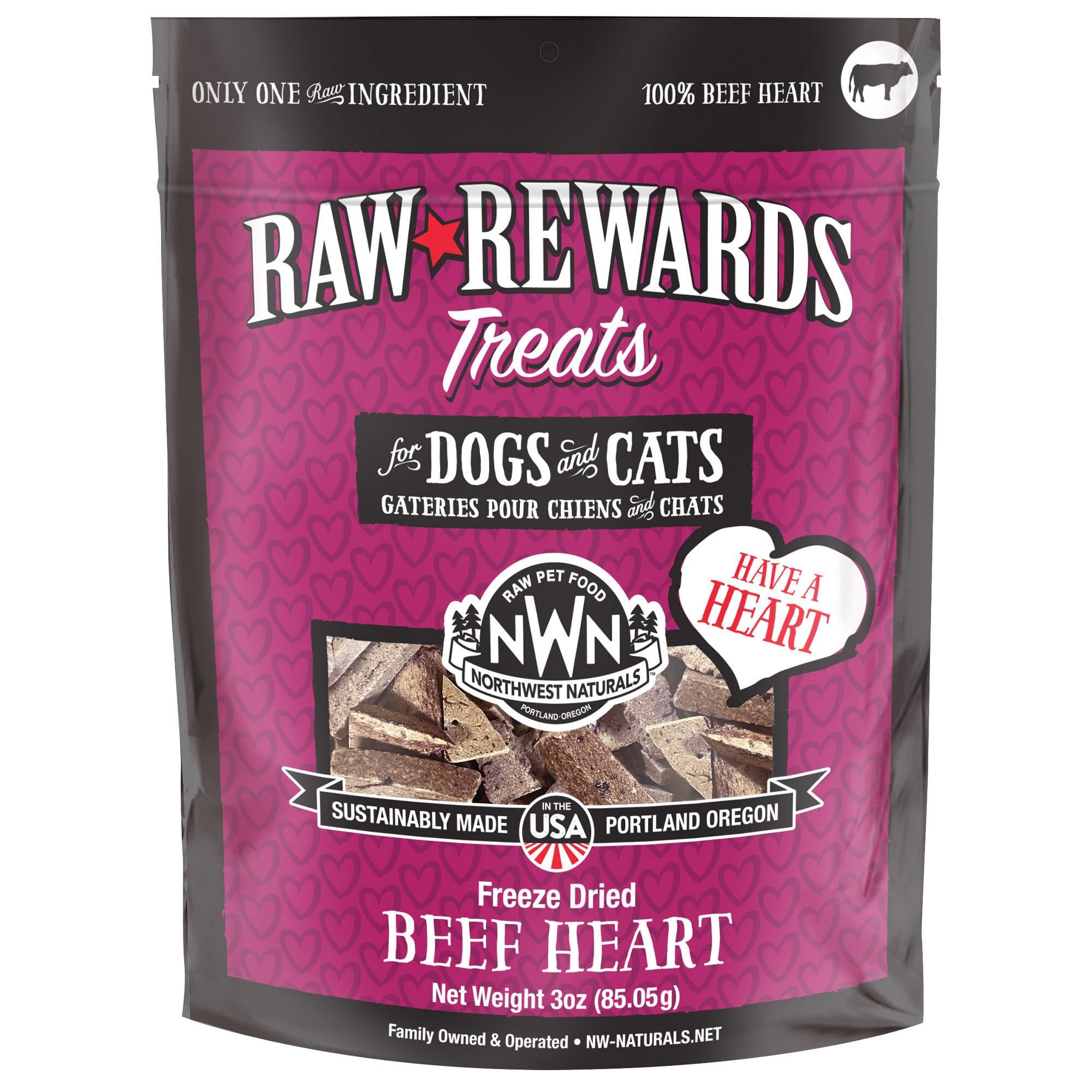Northwest Naturals trozos pequeños de corazón de res liofilizado, ideales para premiar.