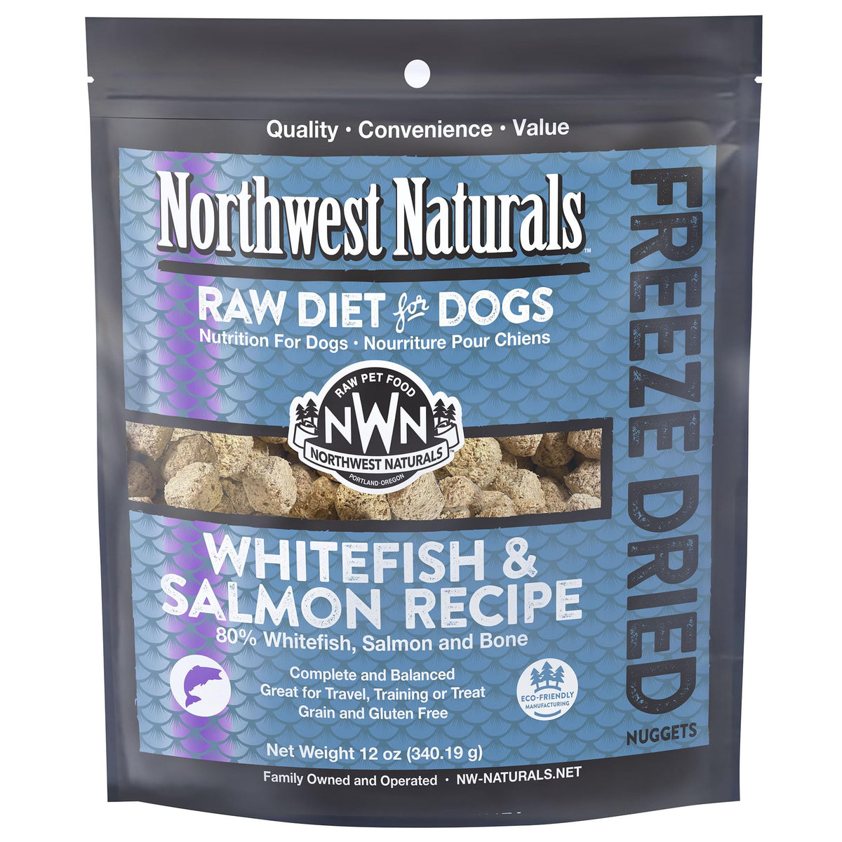 Northwest Naturals empaque liofilizado para frescura y almacenamiento fácil.