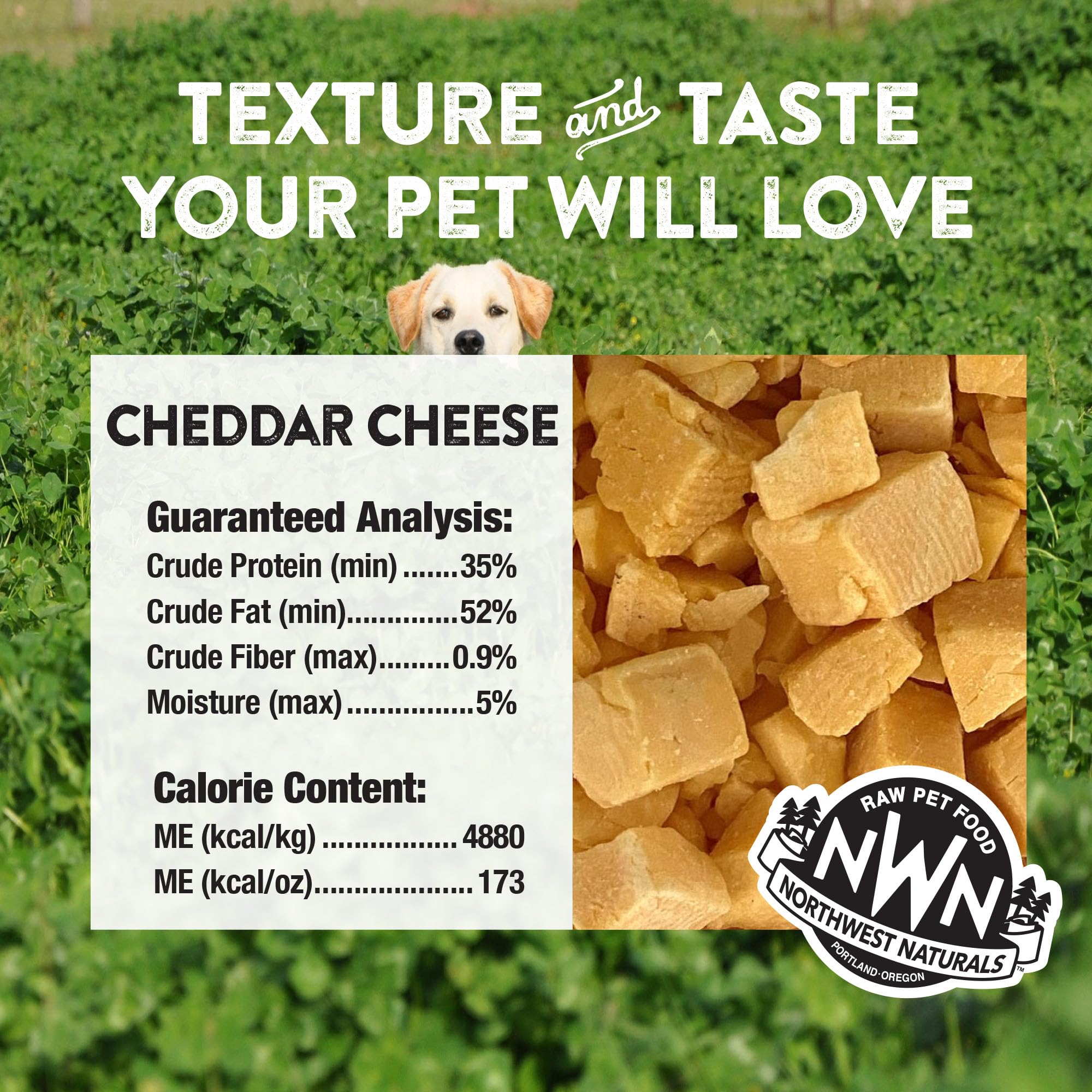Northwest Naturals Queso cheddar de grado humano, ingrediente único para mascotas.