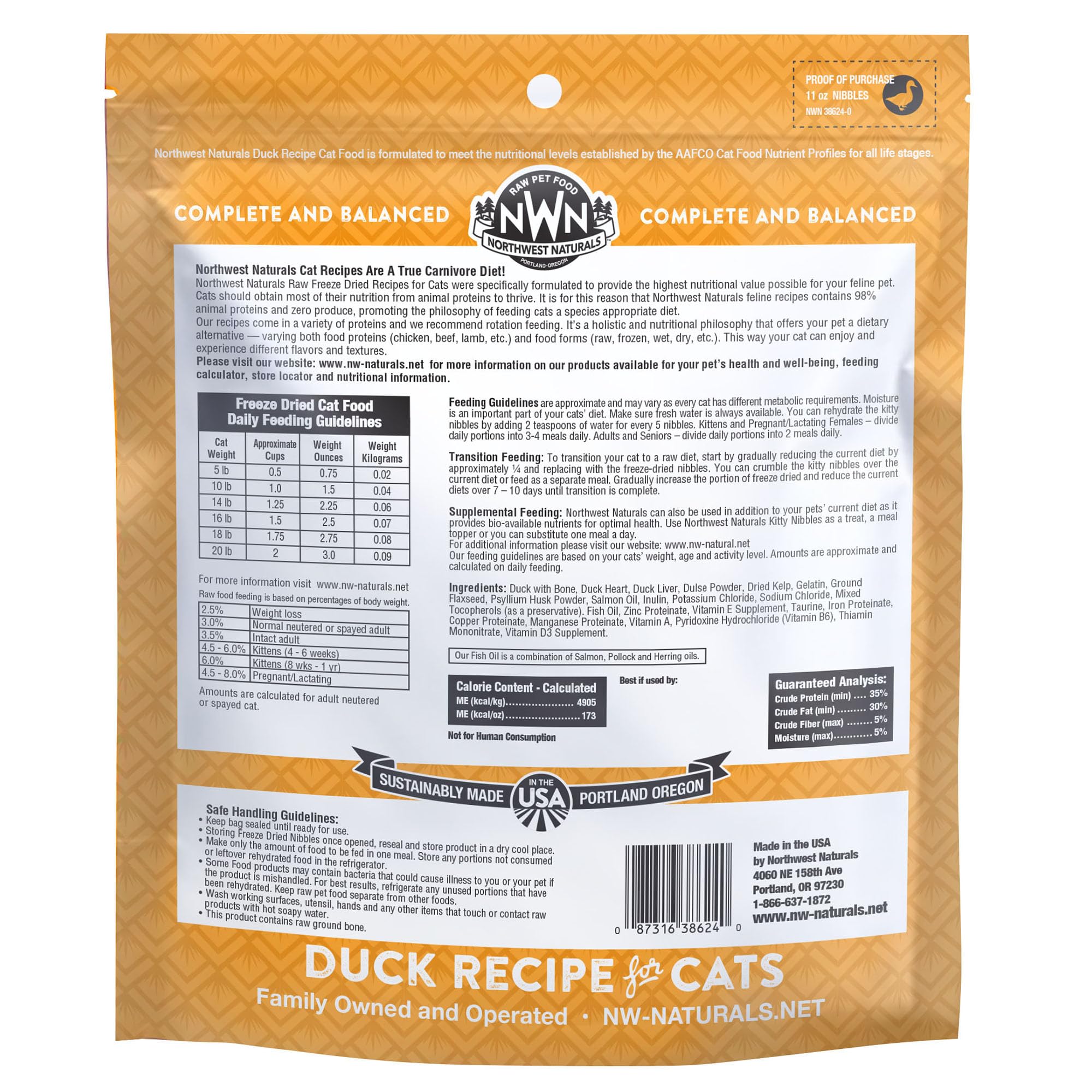 Northwest Naturals pato-gato etiqueta indica hecho en Estados Unidos