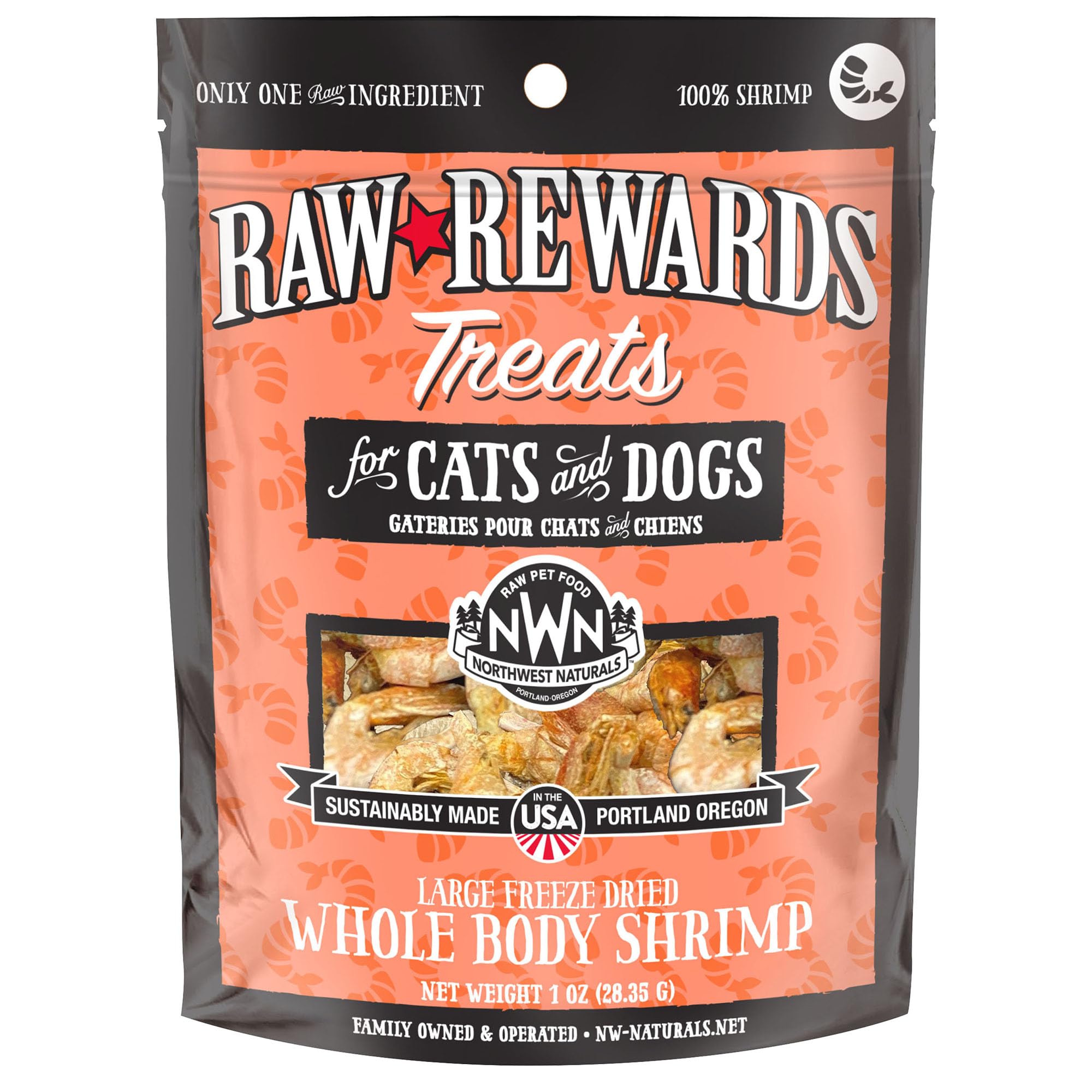 Northwest Naturals sachet crevettes lyophilisées ouvert, friandise pratique pour chiens et chats.