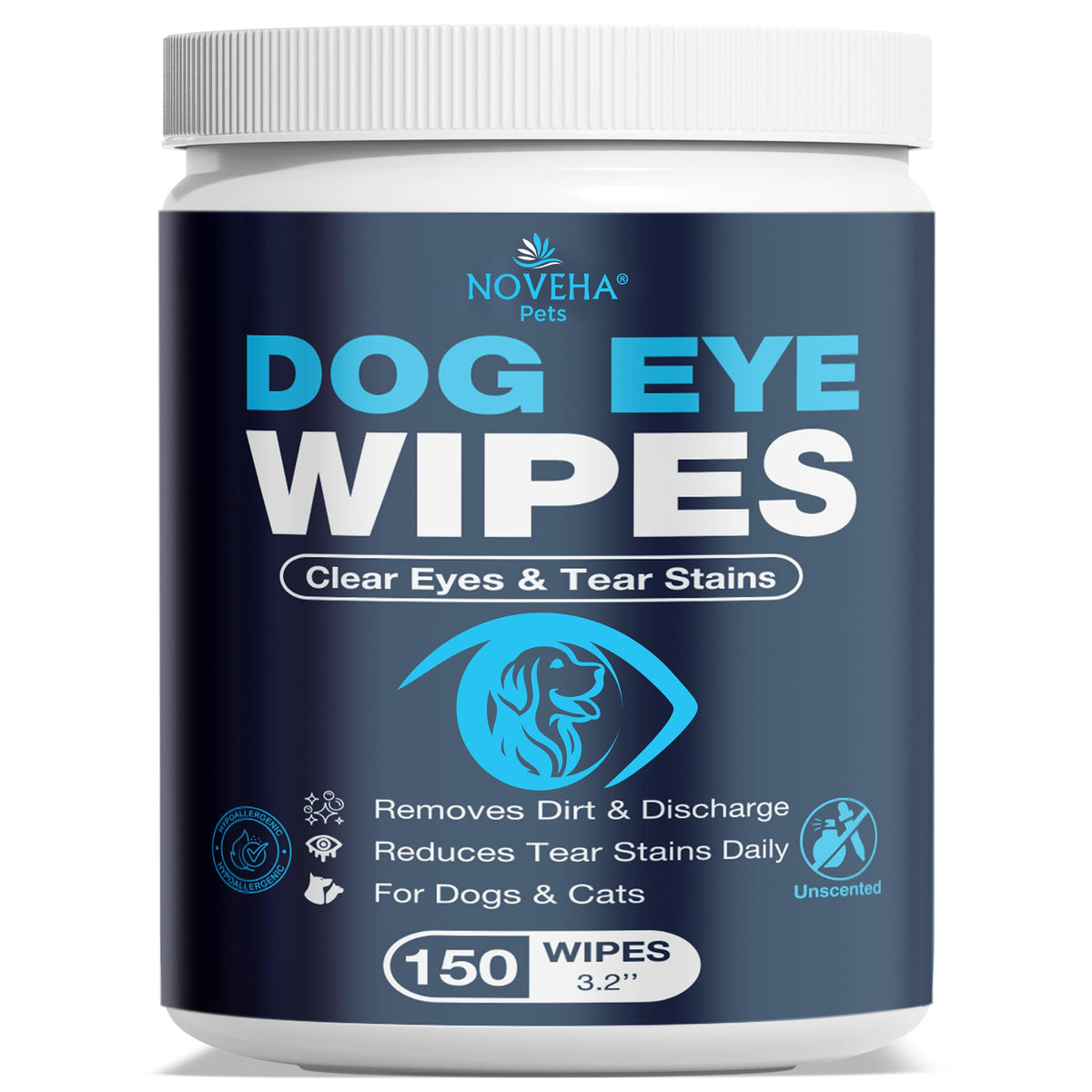 NOVEHA: toallitas ojos perros, paquete grande de 150 piezas para limpieza suave.