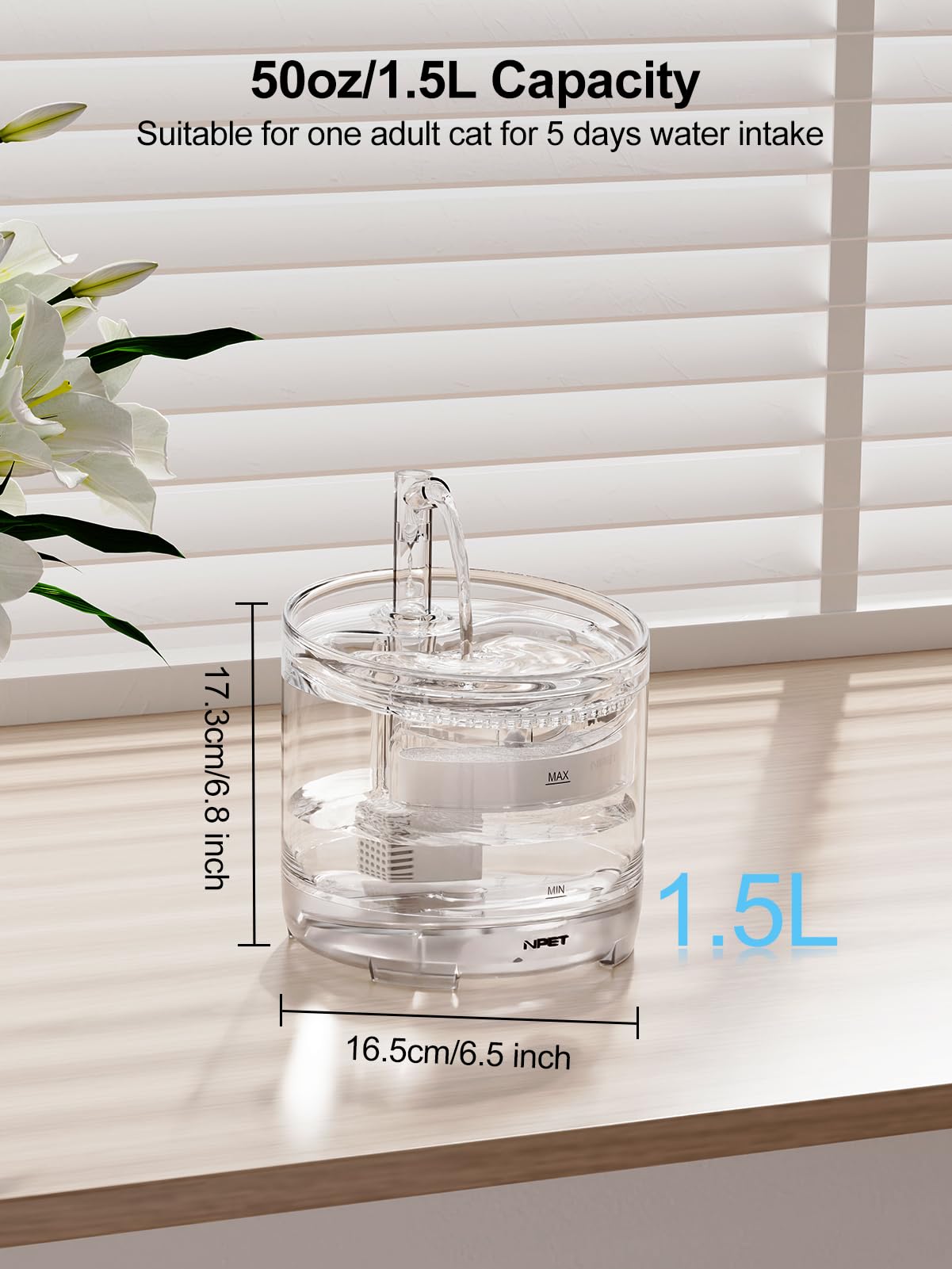 NPET WF050, capacidad de 1.5L ideal para hogares con varias mascotas.