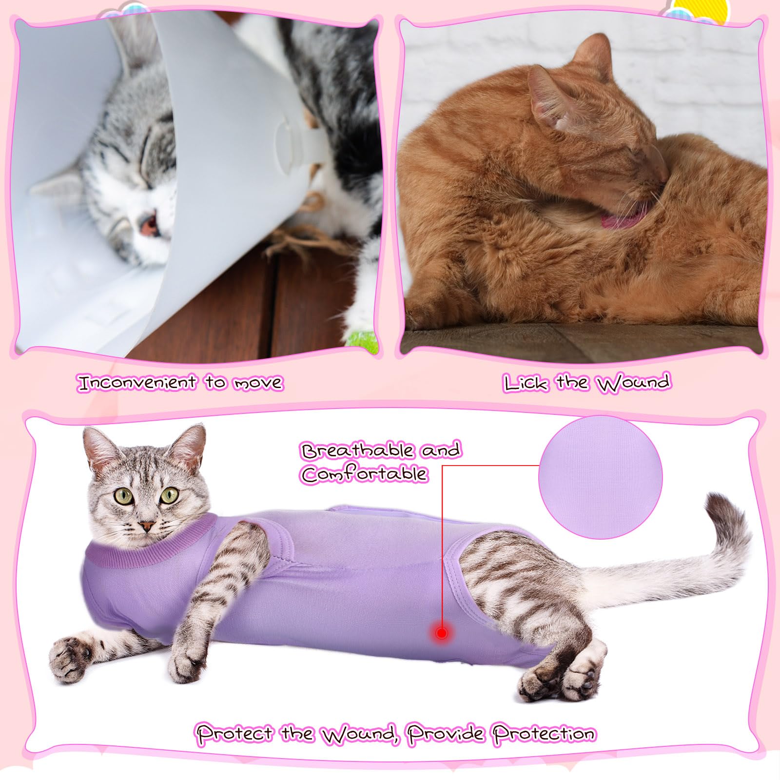 Nuanchu traje de recuperación para gatos rosa, frente, cómodo para comer y moverse