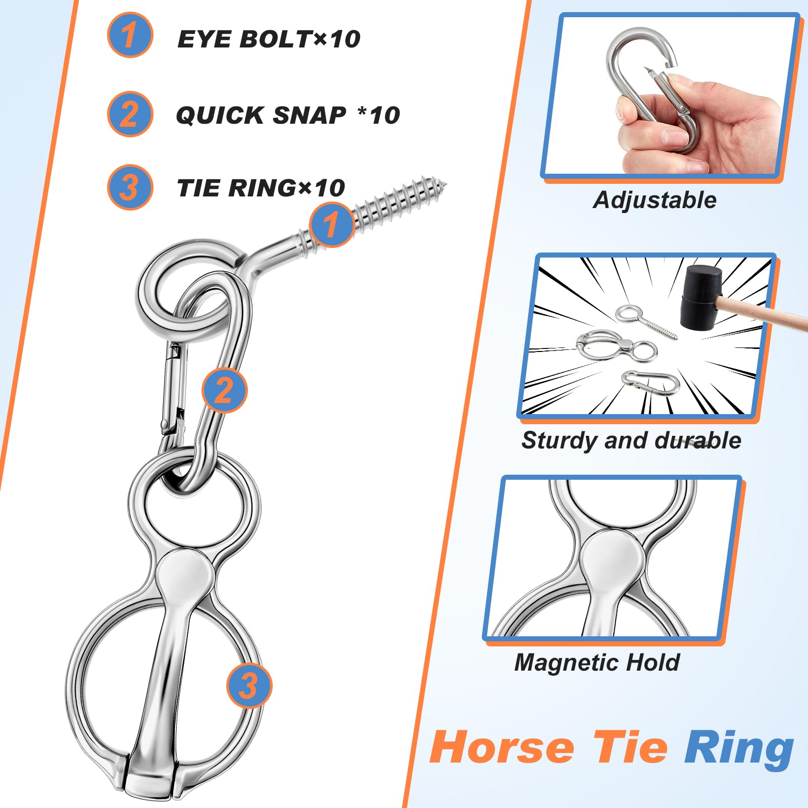 Nuenen broches para caballos en acero inoxidable, sujeción fiable para entrenamiento.