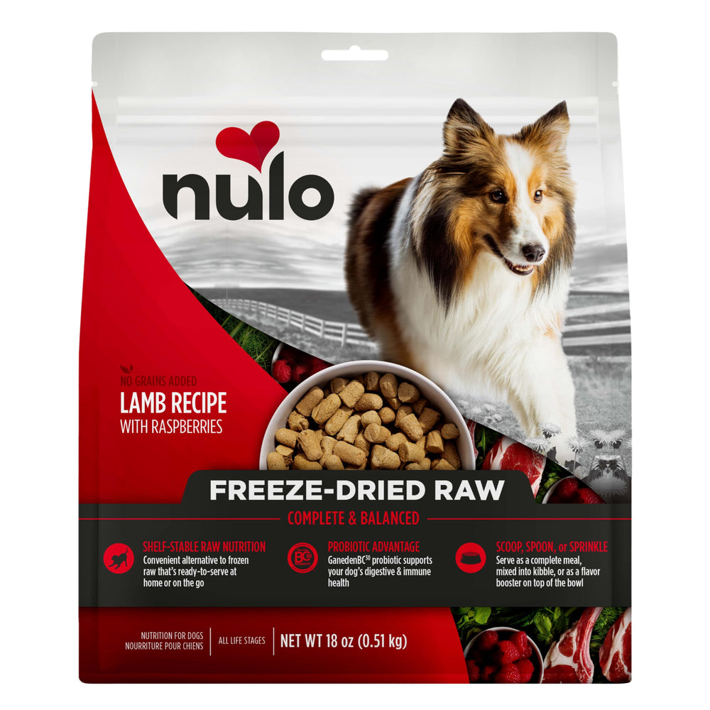 Nulo cordero liofilizado con frambuesas, bolsa 18oz, ideal como topper.