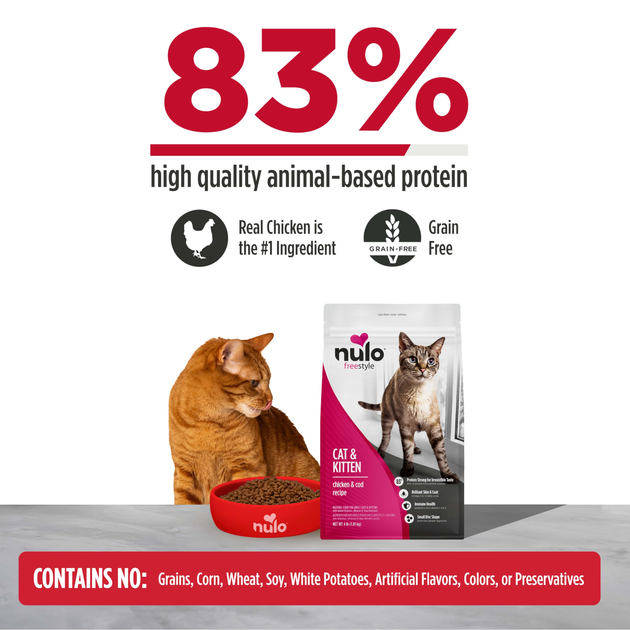 Nulo Freestyle croquettes poulet, goût apprécié par les chats exigeants.