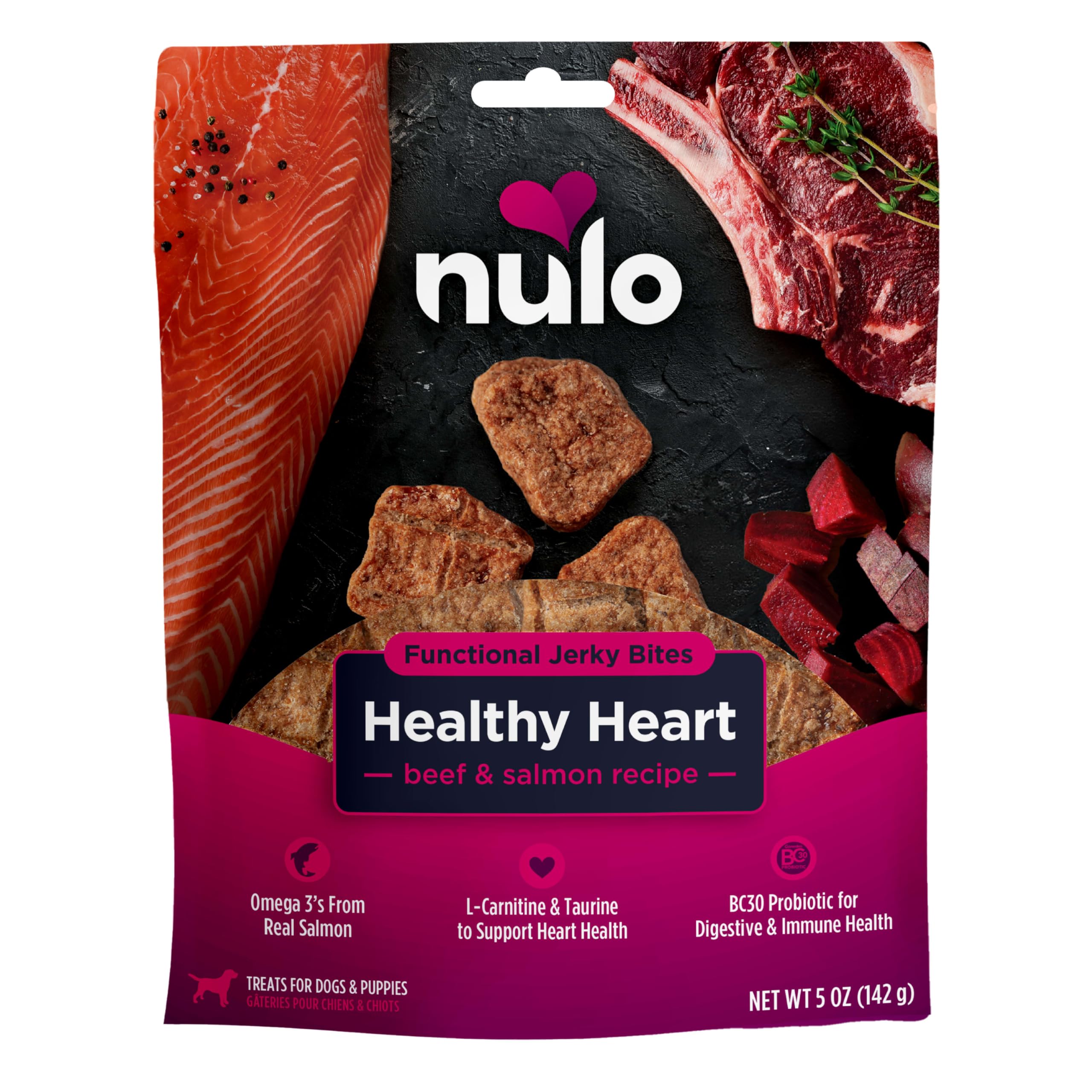 Nulo Functional Jerky Corazón para Perro, empaque 5 onzas, recompensa sabrosa.