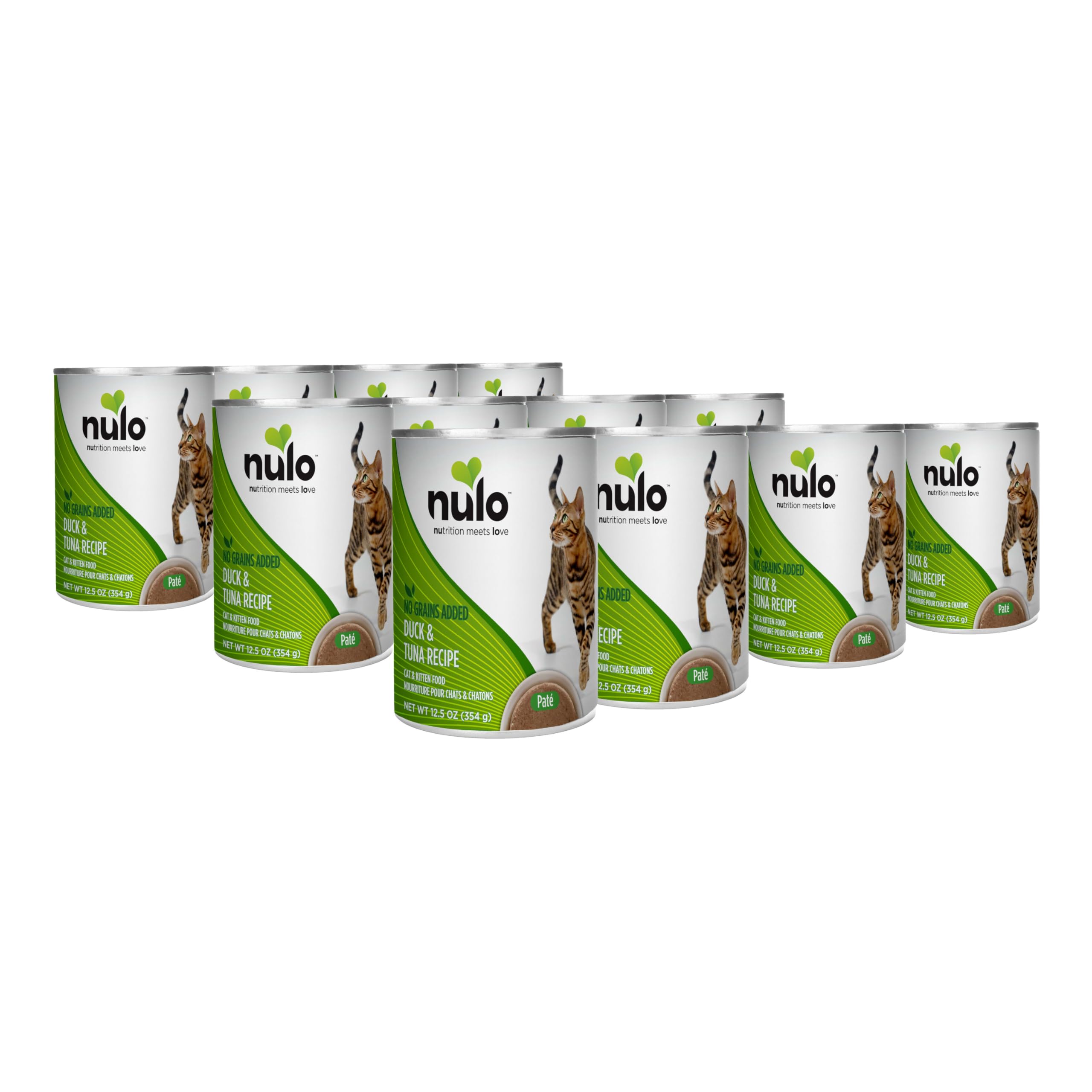 Nulo Pate para gatos, frente de lata, pato y atún, ideal para comer.