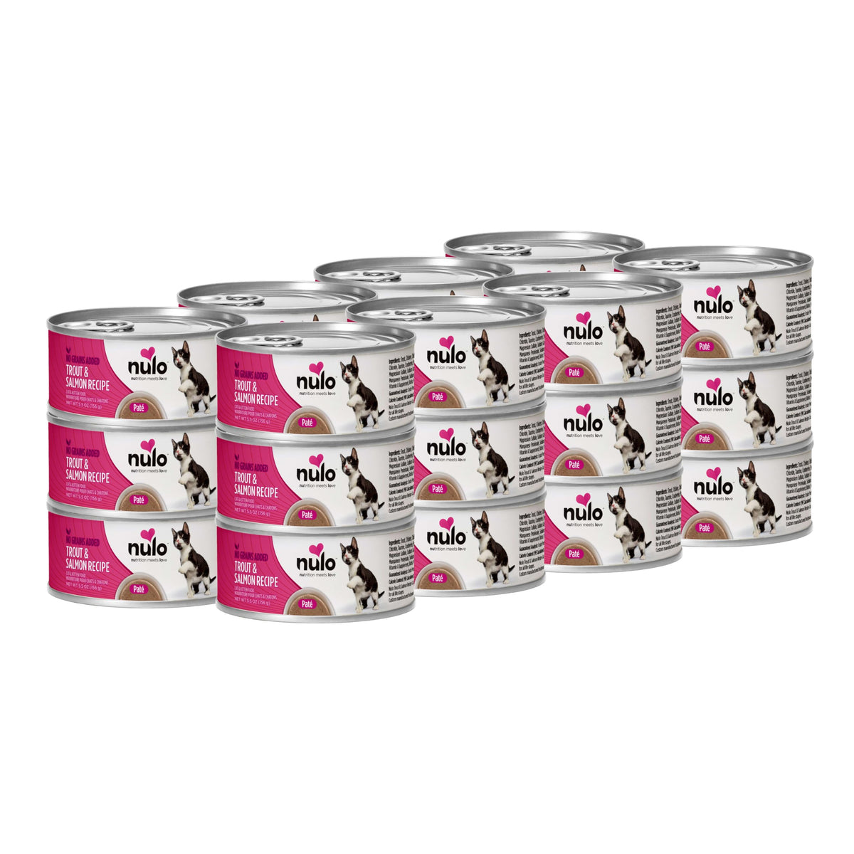 Nulo Paté Trucha y Salmón en lata, etiqueta visible, pensado para gatos con sensibilidad a granos.