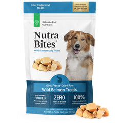 Nutra Bites Salmon: envase principal, recompensa ideal para entrenamiento y refuerzo positivo.