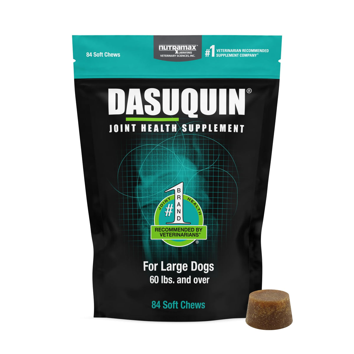 Nutramax Dasuquin para perros grandes, envase de 84 gomitas, fácil de administrar.
