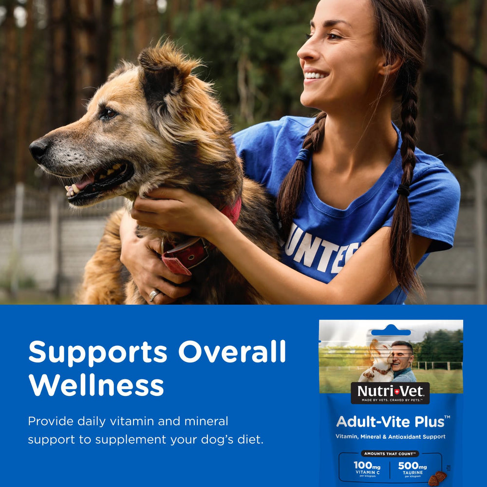 Nutri-Vet Adult-Vite Plus calcio y zinc, fortalecimiento de huesos y piel.