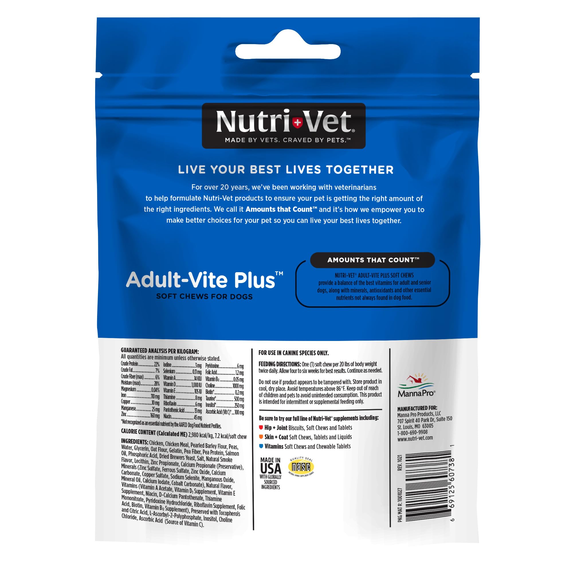 Nutri-Vet Adult-Vite Plus formulación veterinaria para seguridad y eficacia.