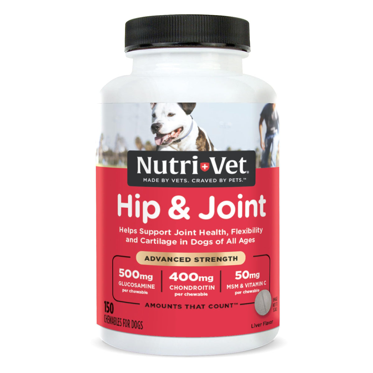 Nutri-Vet Advanced Strength Hip & Joint: frasco con tabletas para movilidad diaria de tu perro.