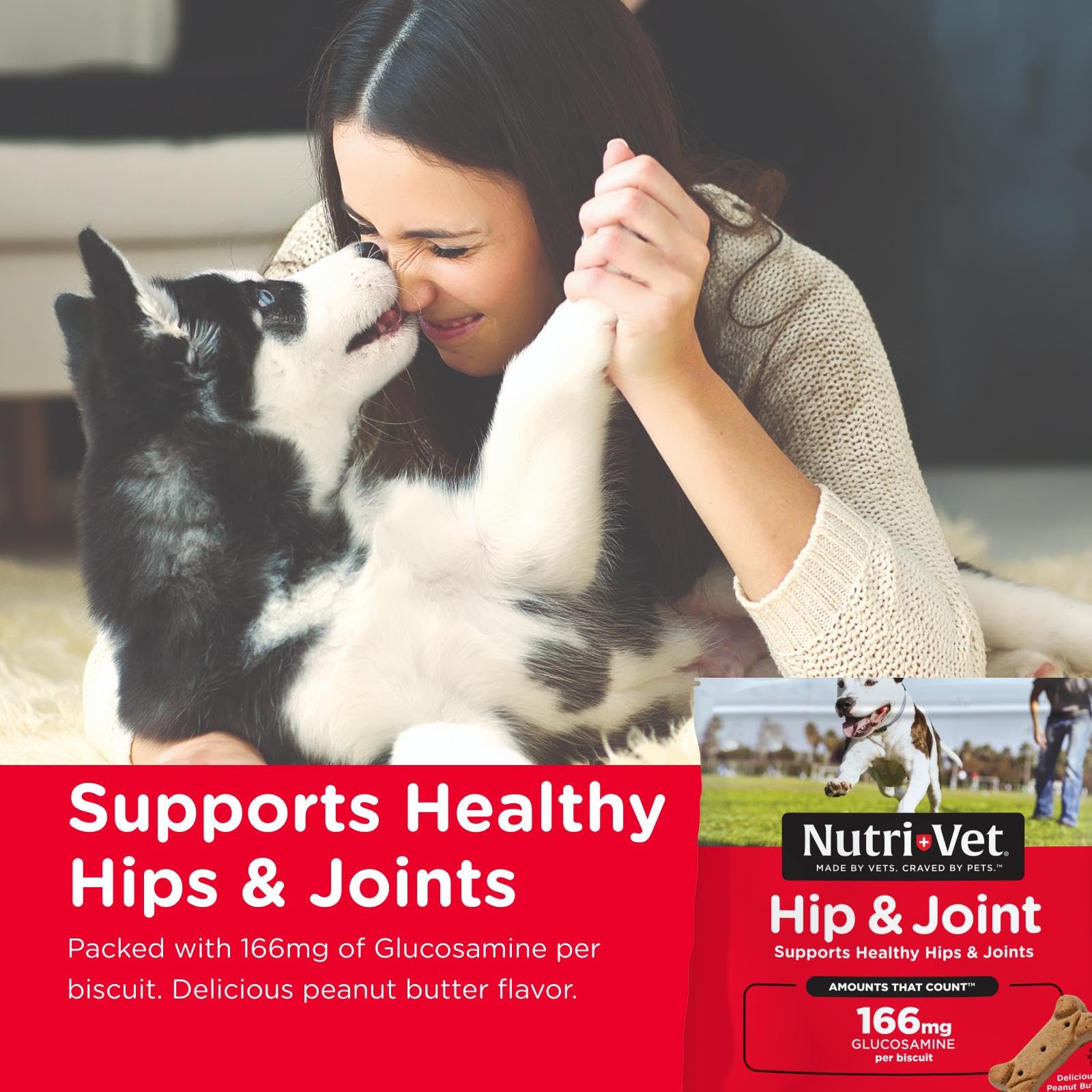 Nutri-Vet galletas para perro comiendo: sabor mantequilla de maní y suplemento diario.