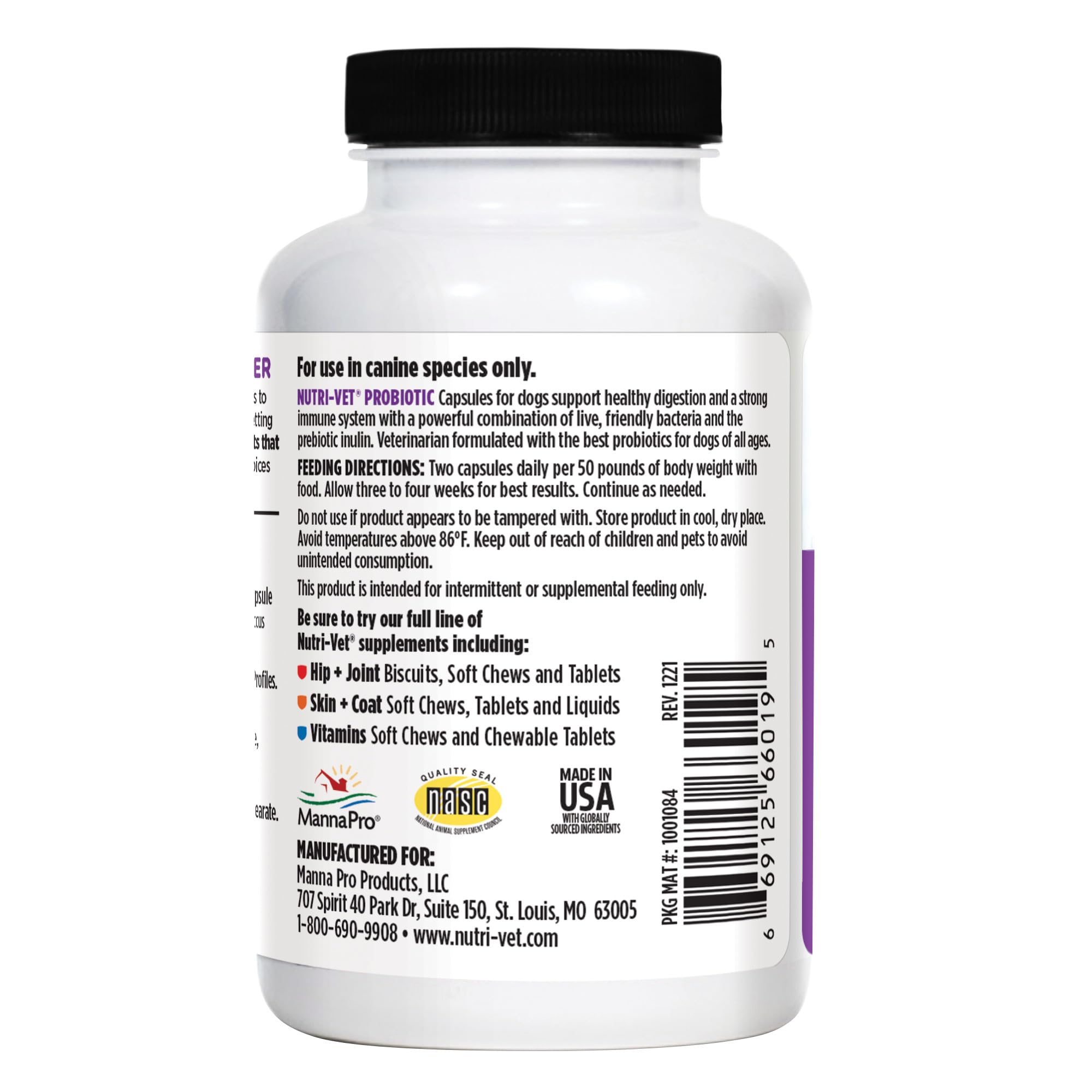 Nutri-Vet Probiotics uso diario para bienestar general canino.