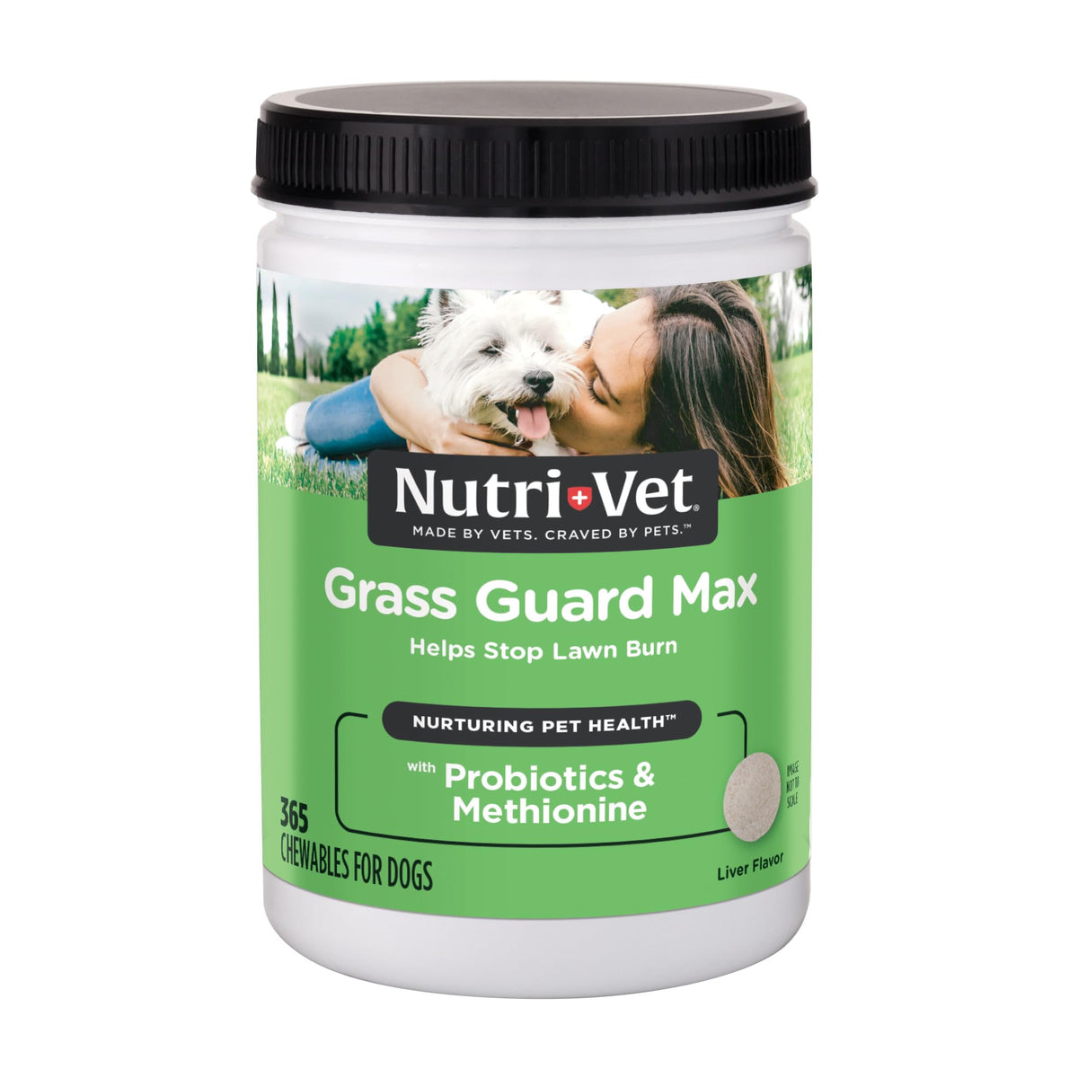 Nutri-Vet Grass Guard con sabor hígado, tabletas para perros y pasto más verde.