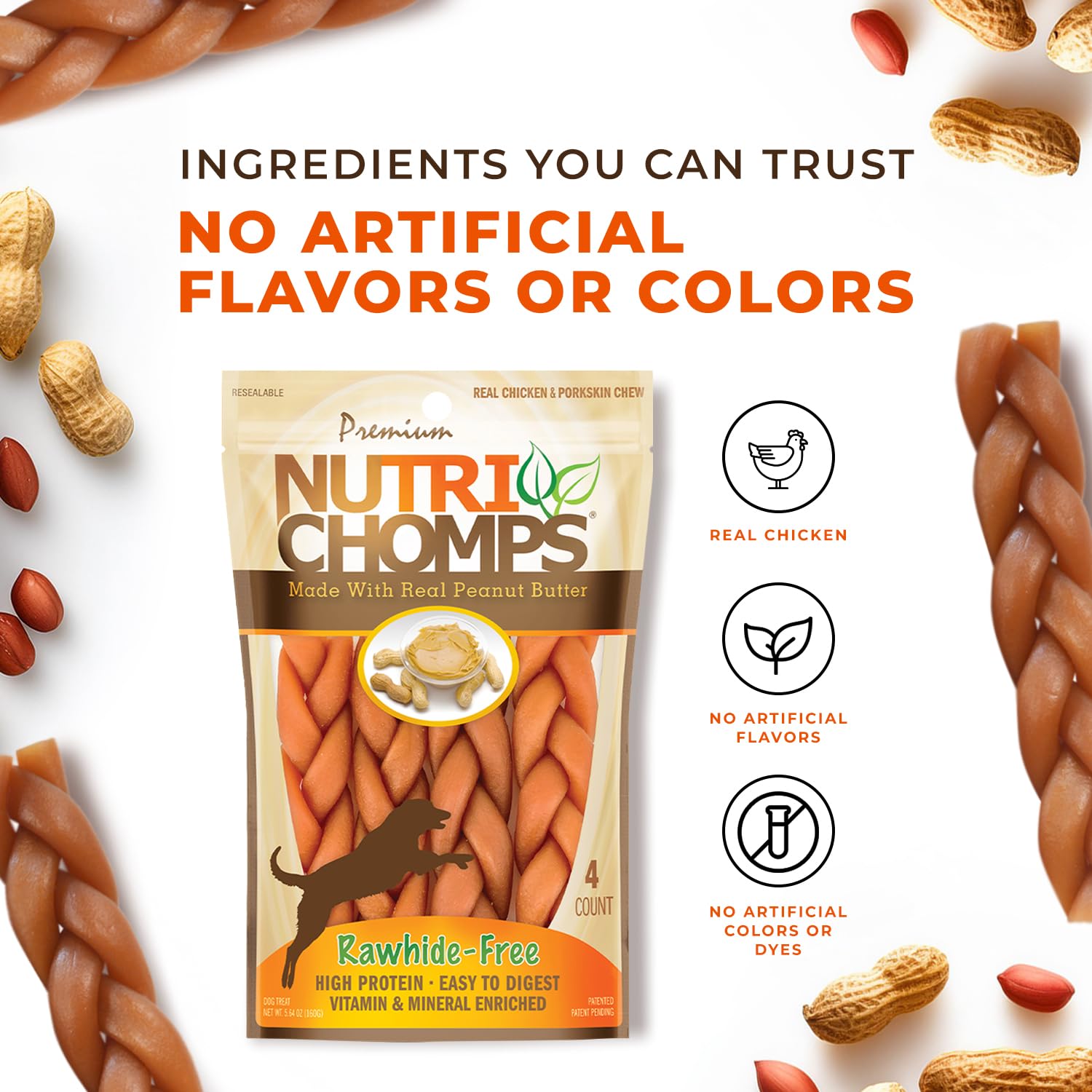 NutriChomps envase reclosable, mantiene frescura de las trenzas.