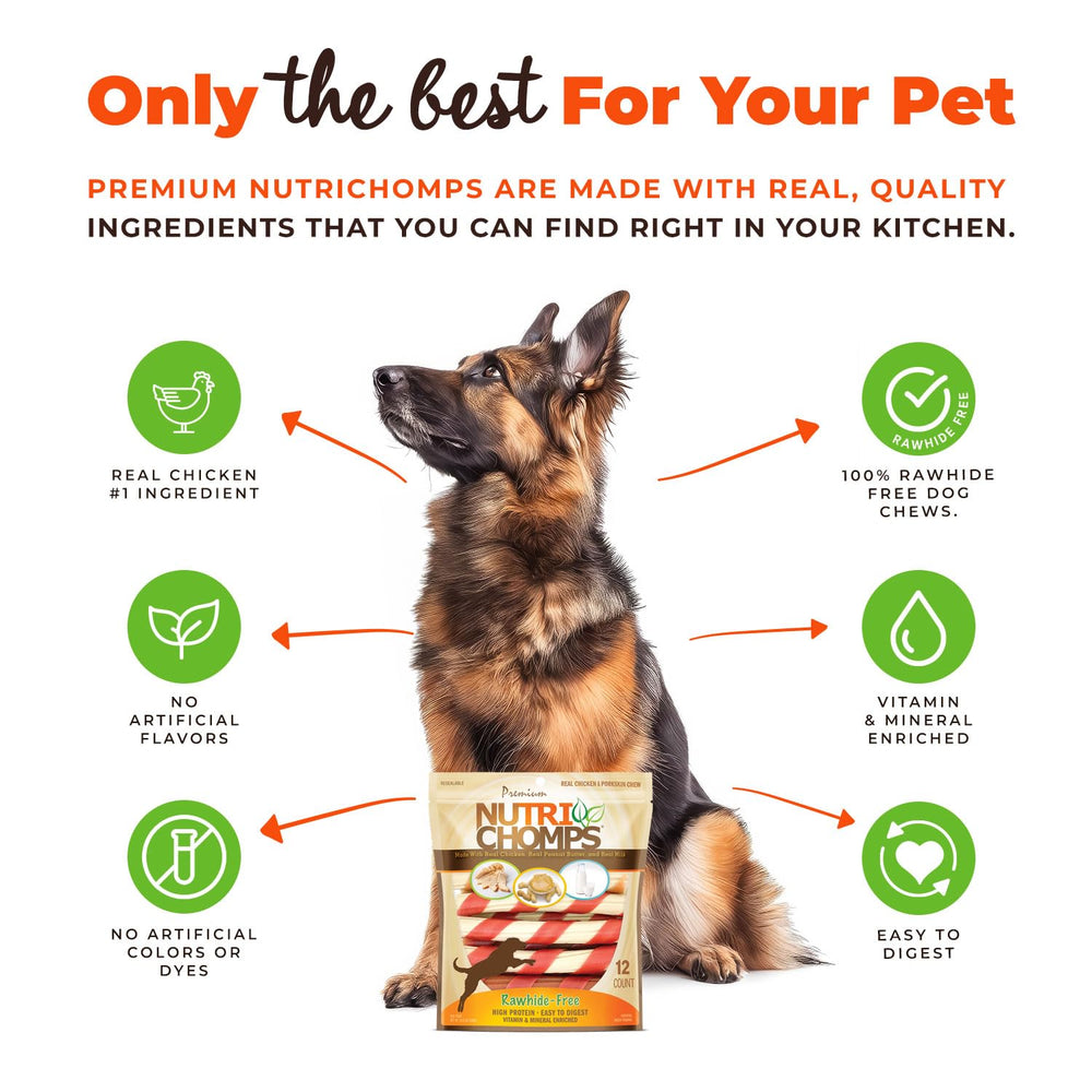NutriChomps sabor pollo real, delicioso para perros exigentes.