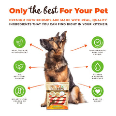 NutriChomps sabor pollo real, delicioso para perros exigentes.