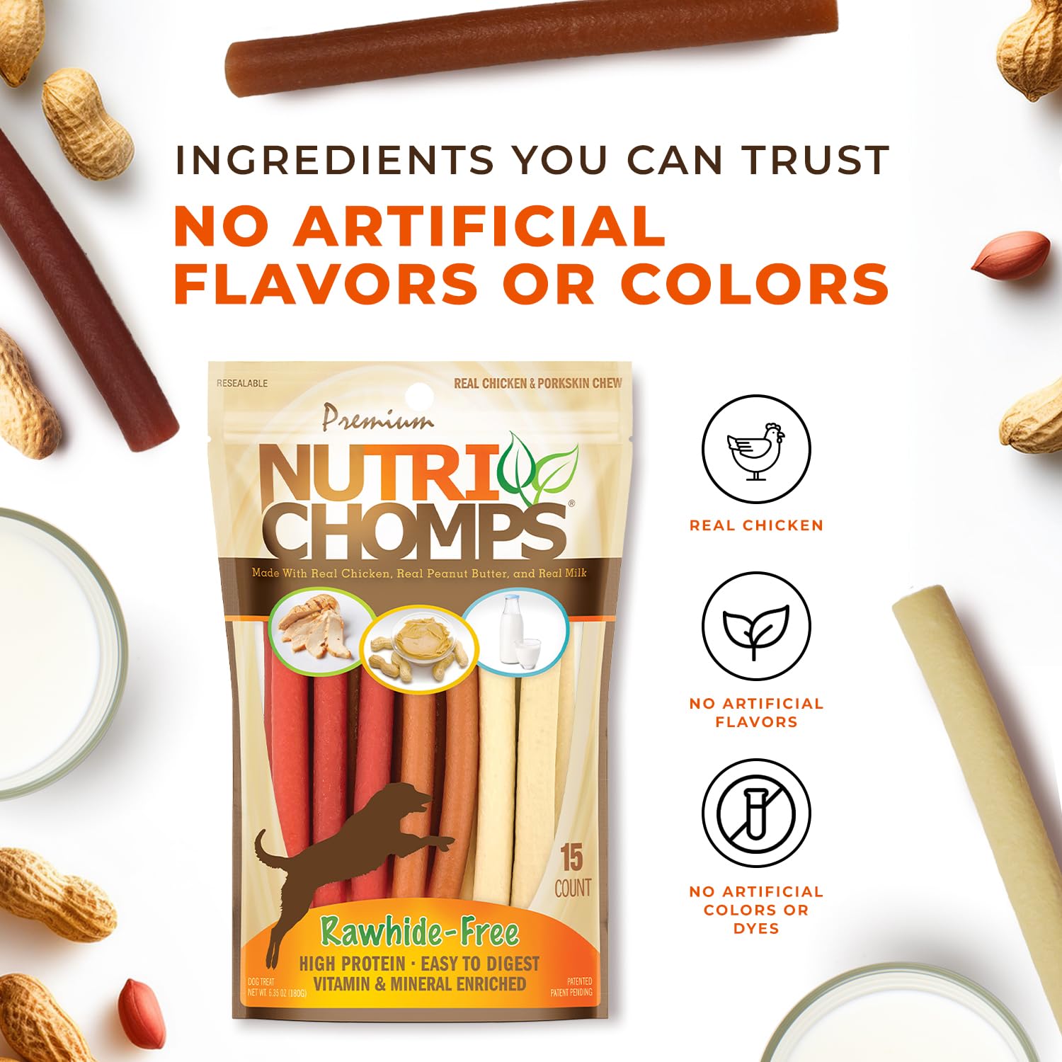 NutriChomps libre de cuero crudo, más fácil de digerir para perros sensibles.