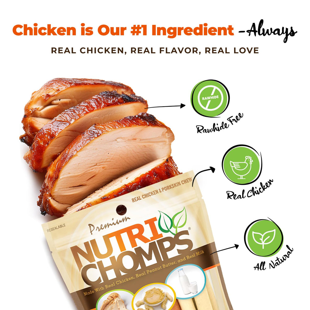 Tira de NutriChomps sabor pollo real, ideal para perros activos.