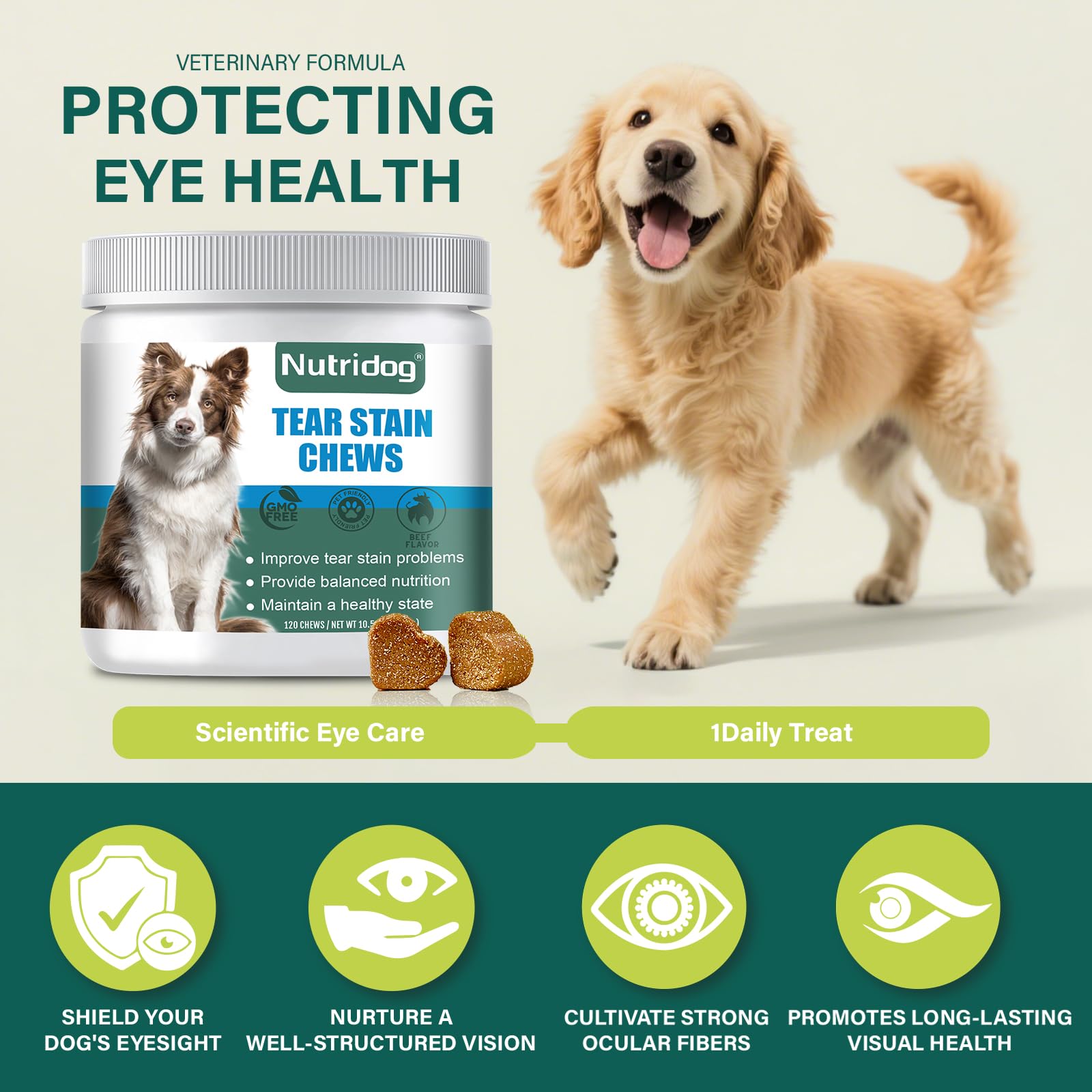 Primer plano de Nutridog bocaditos para manchas de lágrima, textura suave.
