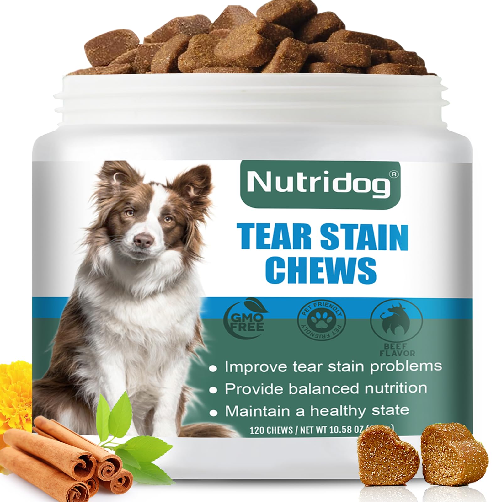 Nutridog bocaditos manchas lagrima, frente del envase, posible ayuda a aclarar manchas.