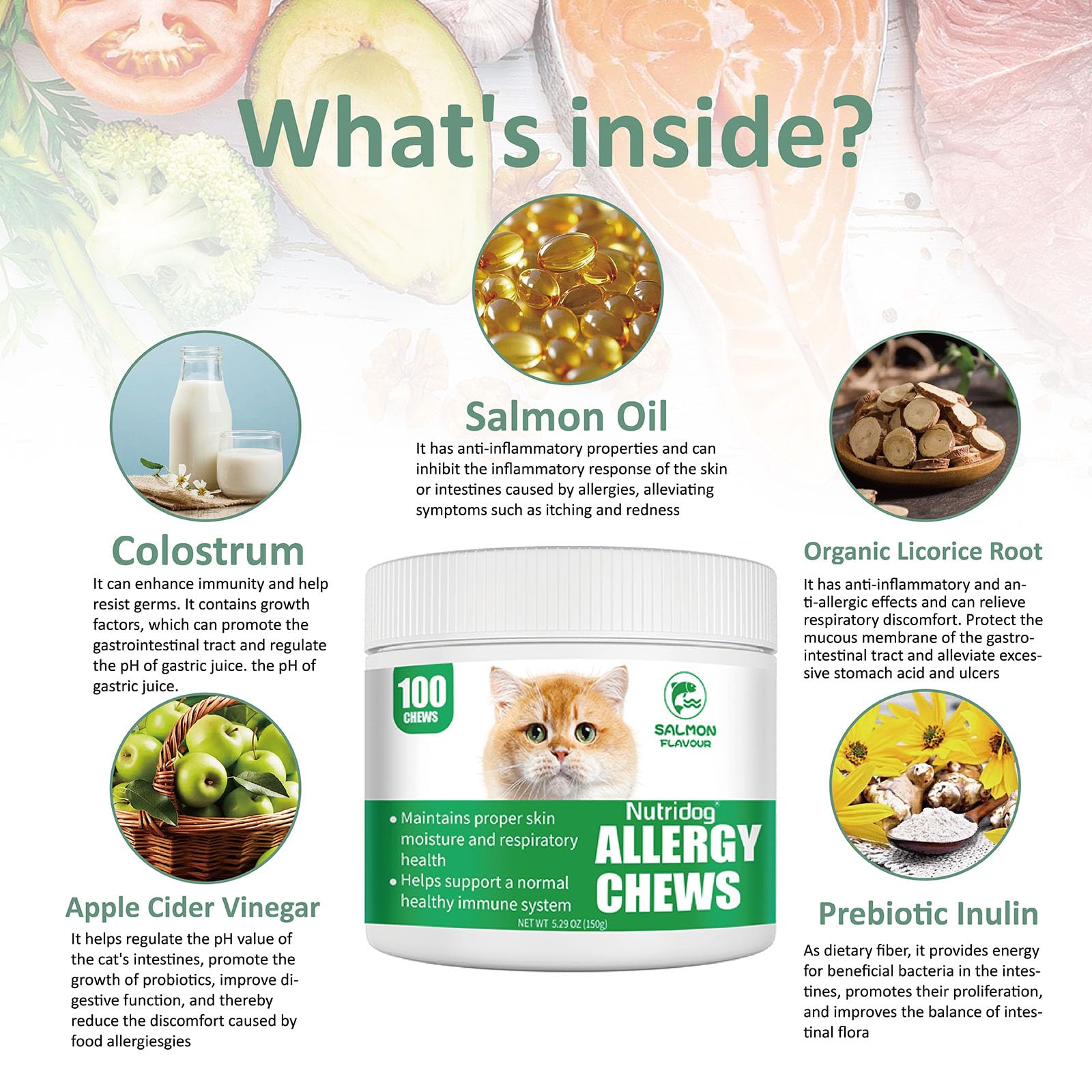 NutriDog Cat Allergy Relief Chews envase trasero con beneficios de piel e inmunidad