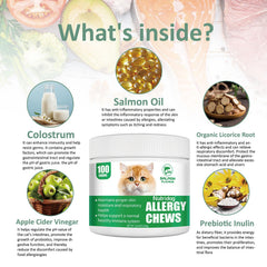 NutriDog Cat Allergy Relief Chews envase trasero con beneficios de piel e inmunidad