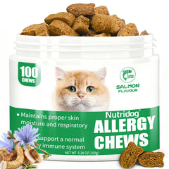 NutriDog Cat Allergy Relief Chews envase frontal con sabor a salmón para bienestar felino