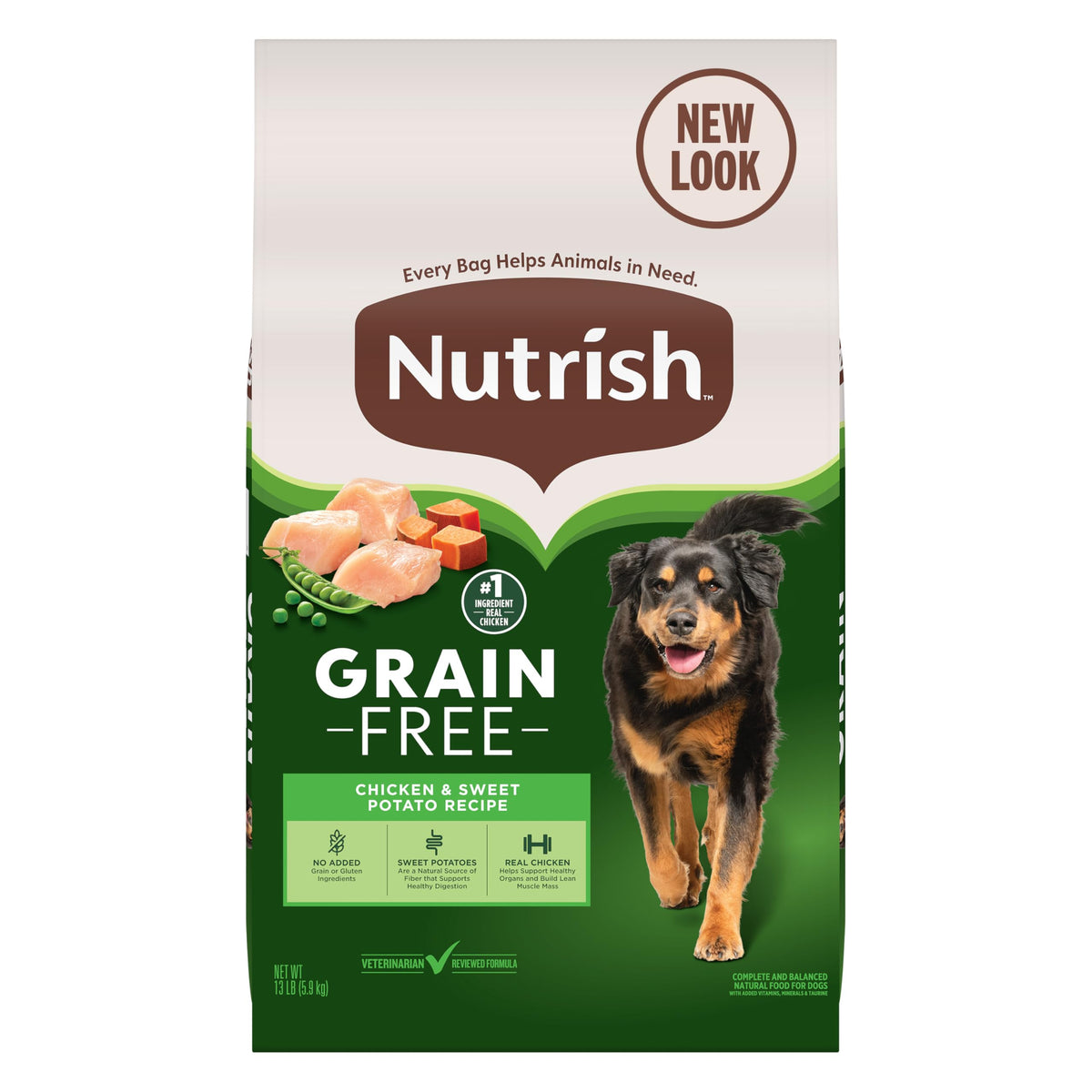 Nutrish bolsa 13 lb sin granos con pollo y patata dulce, ideal para perros activos.