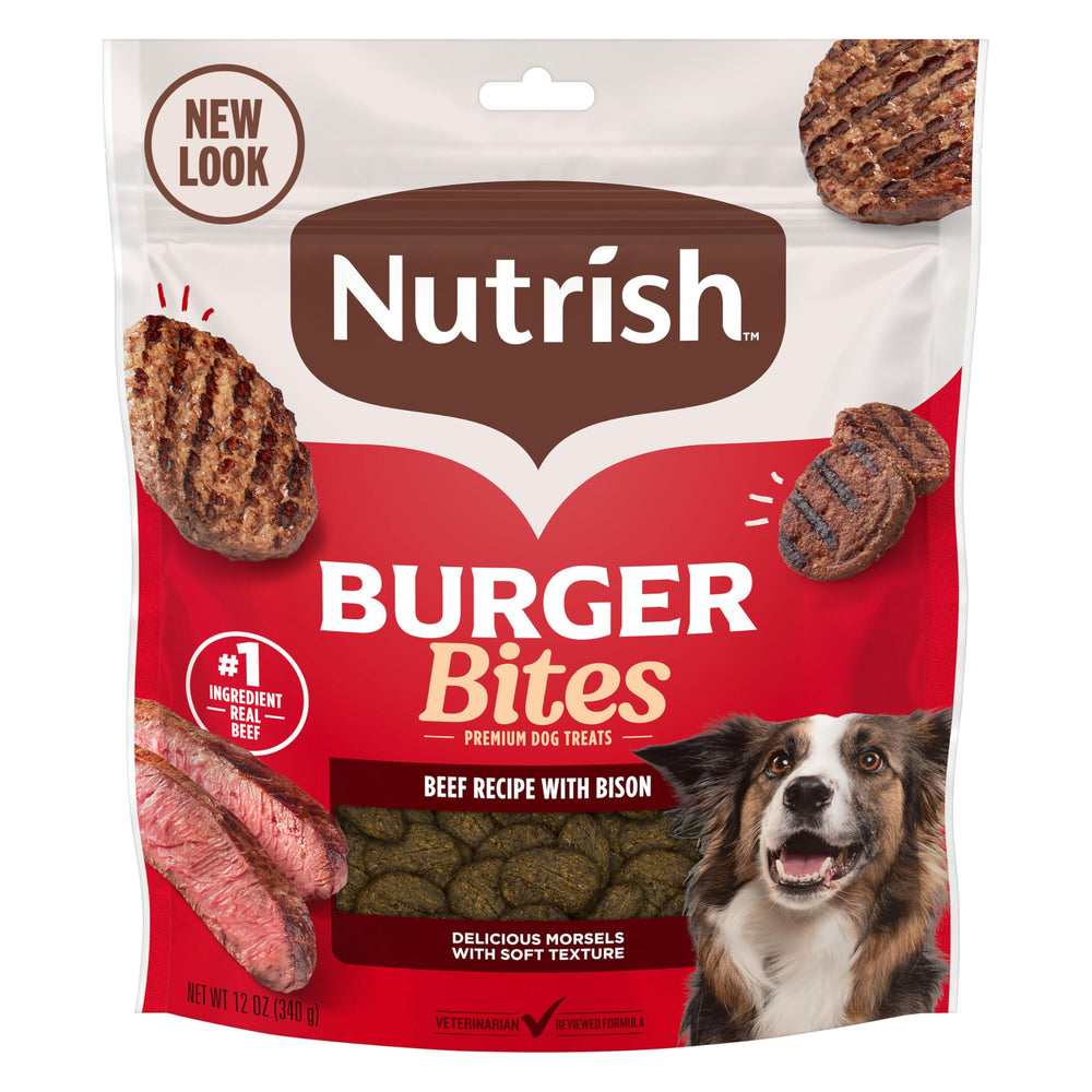 Nutrish Burger Bites empaque 12oz para perros de todos los tamaños.