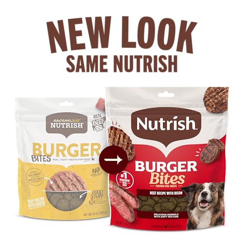 Nutrish Burger Bites etiqueta destaca ternera como ingrediente principal.