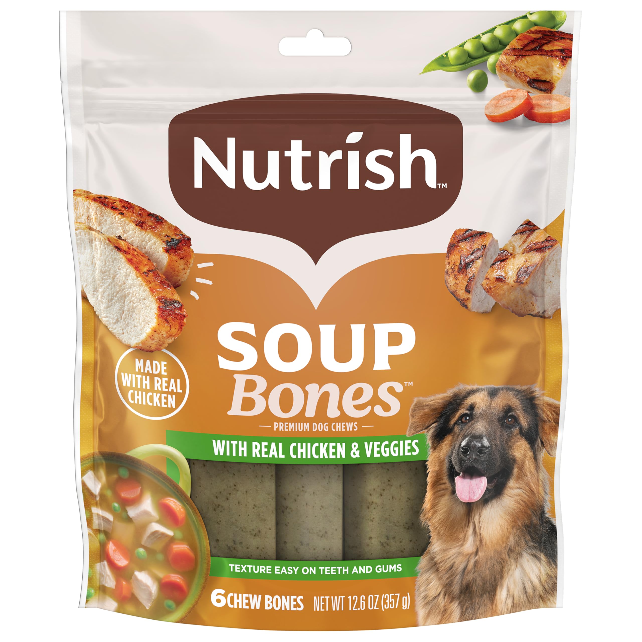 nutrish huesos de sopa empaque con seis masticables para perros, snack sabroso.