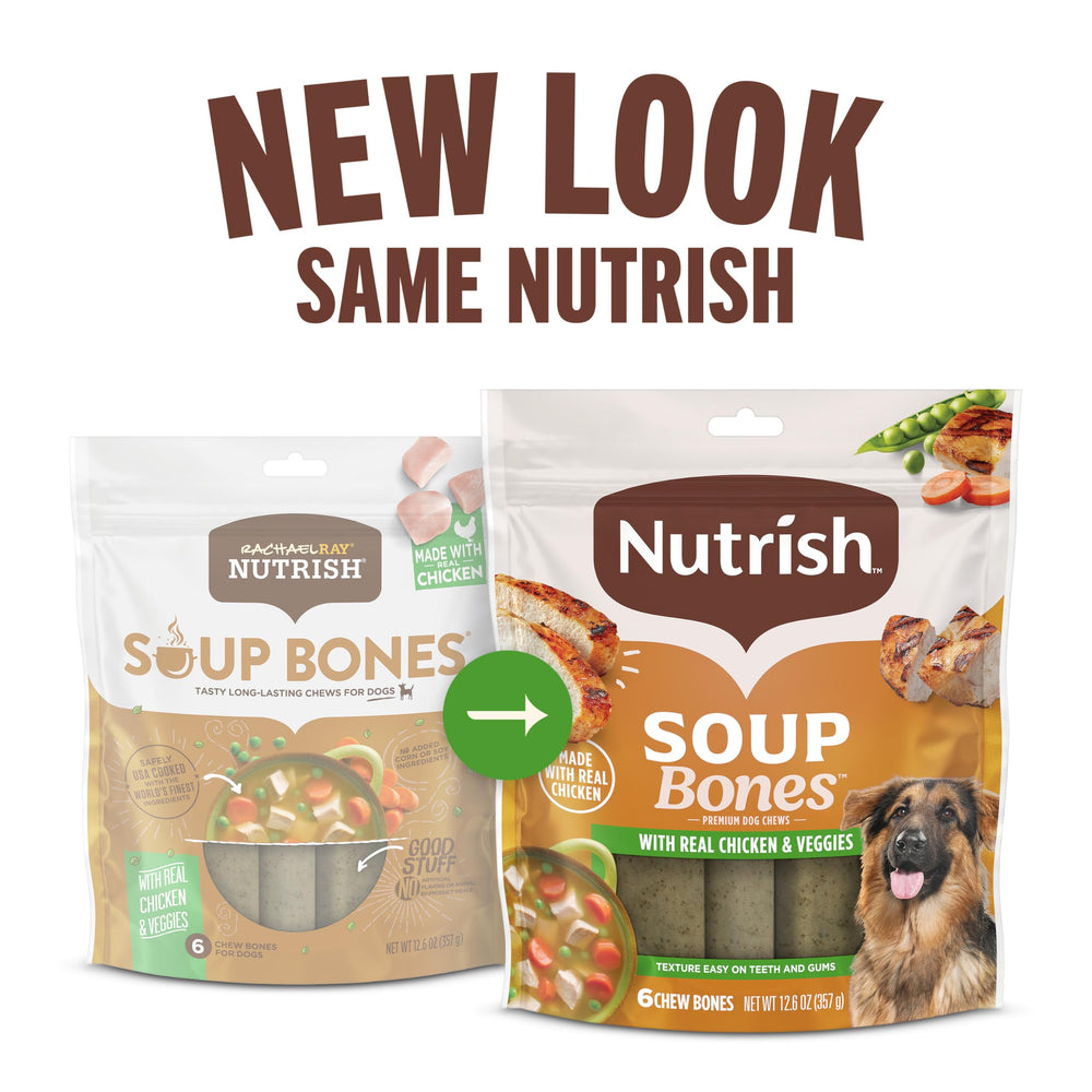 nutrish huesos de sopa pollo real y verduras visibles brindan sabor natural.
