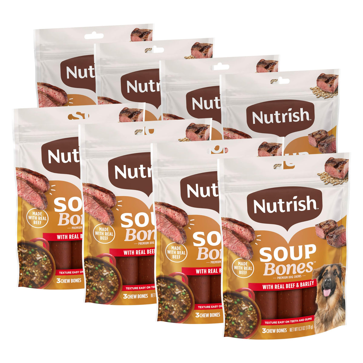 Nutrish Huesos de Sopa Premium con res y cebada, empaque de ocho bolsas