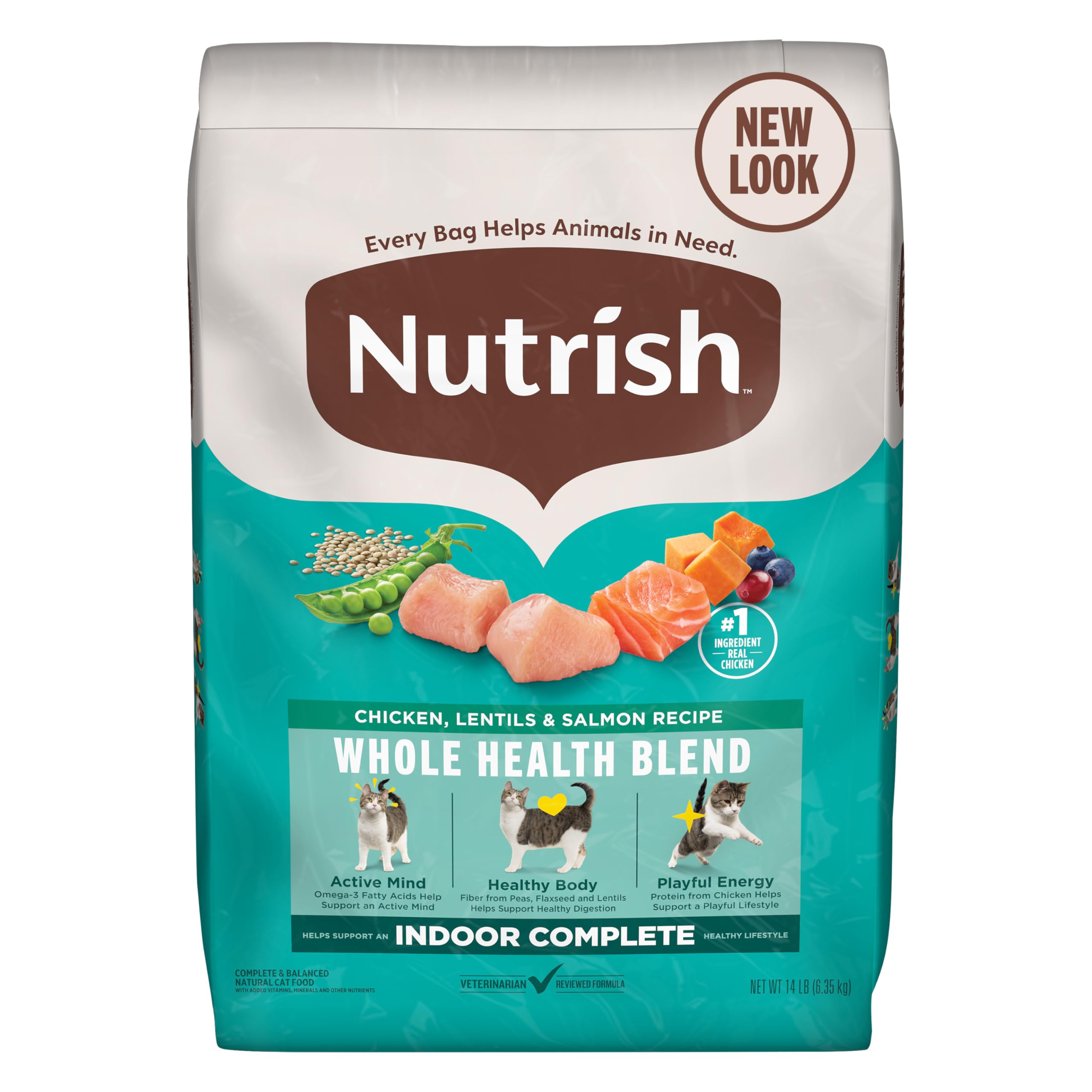 Nutrish Indoor Complete 14 lb frente, empaque grande para fácil almacenamiento