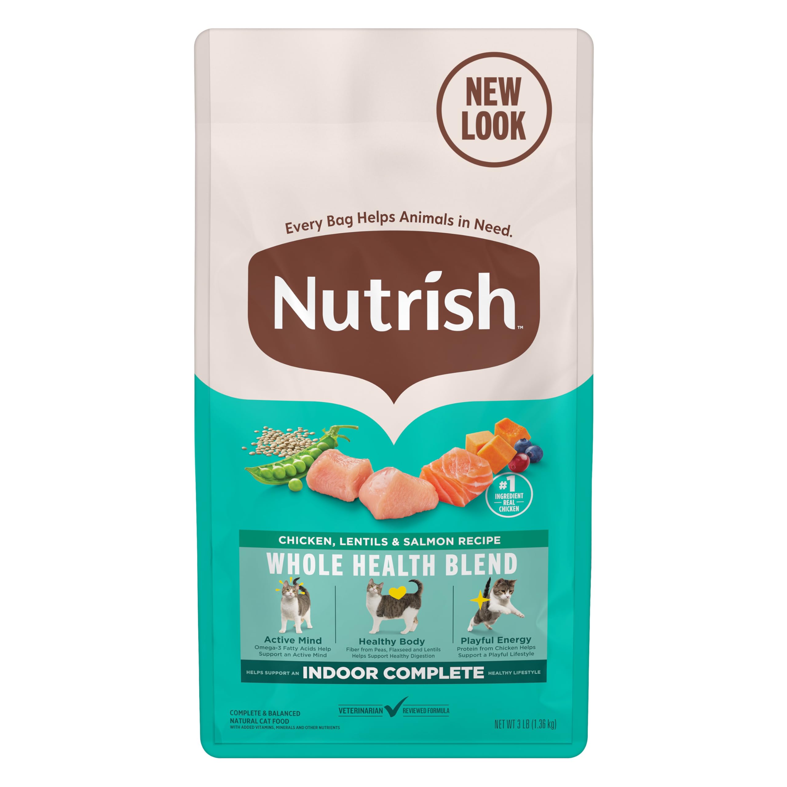 Nutrish Indoor Complete bolsa 3 lb para gatos indoor, fácil de almacenar.