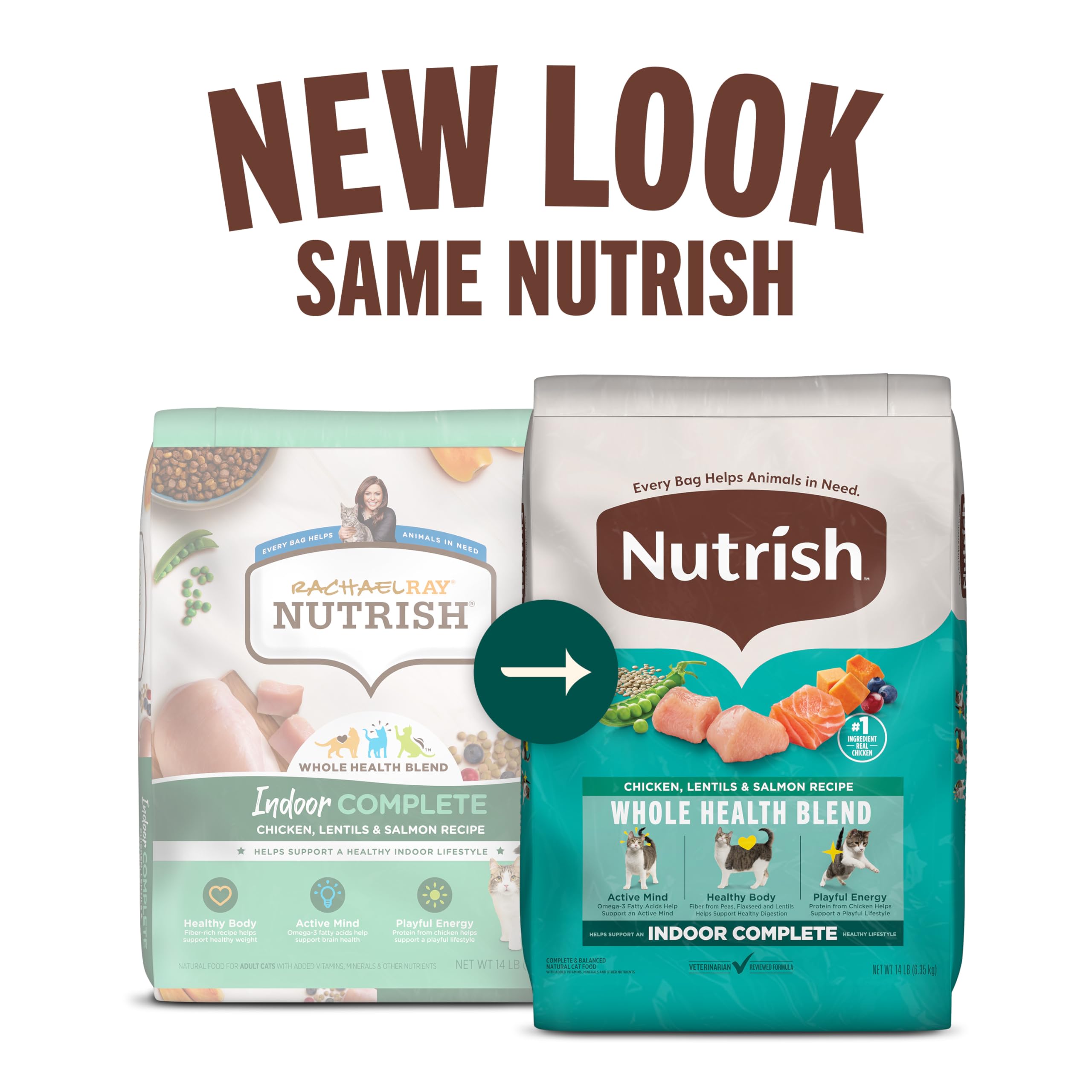 Nutrish Indoor Complete etiqueta muestra fórmula de salud holística para gatos.