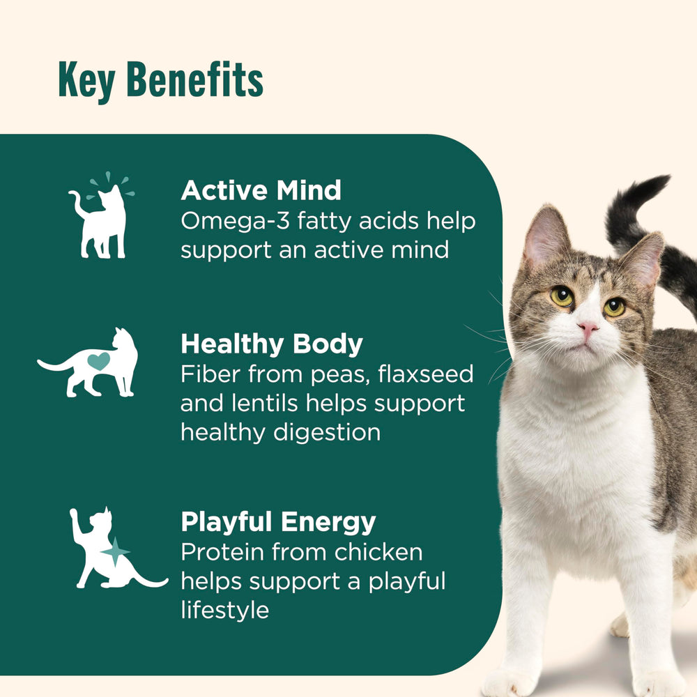 Nutrish Indoor Complete contiene omega-3 y prebióticos para digestión equilibrada.